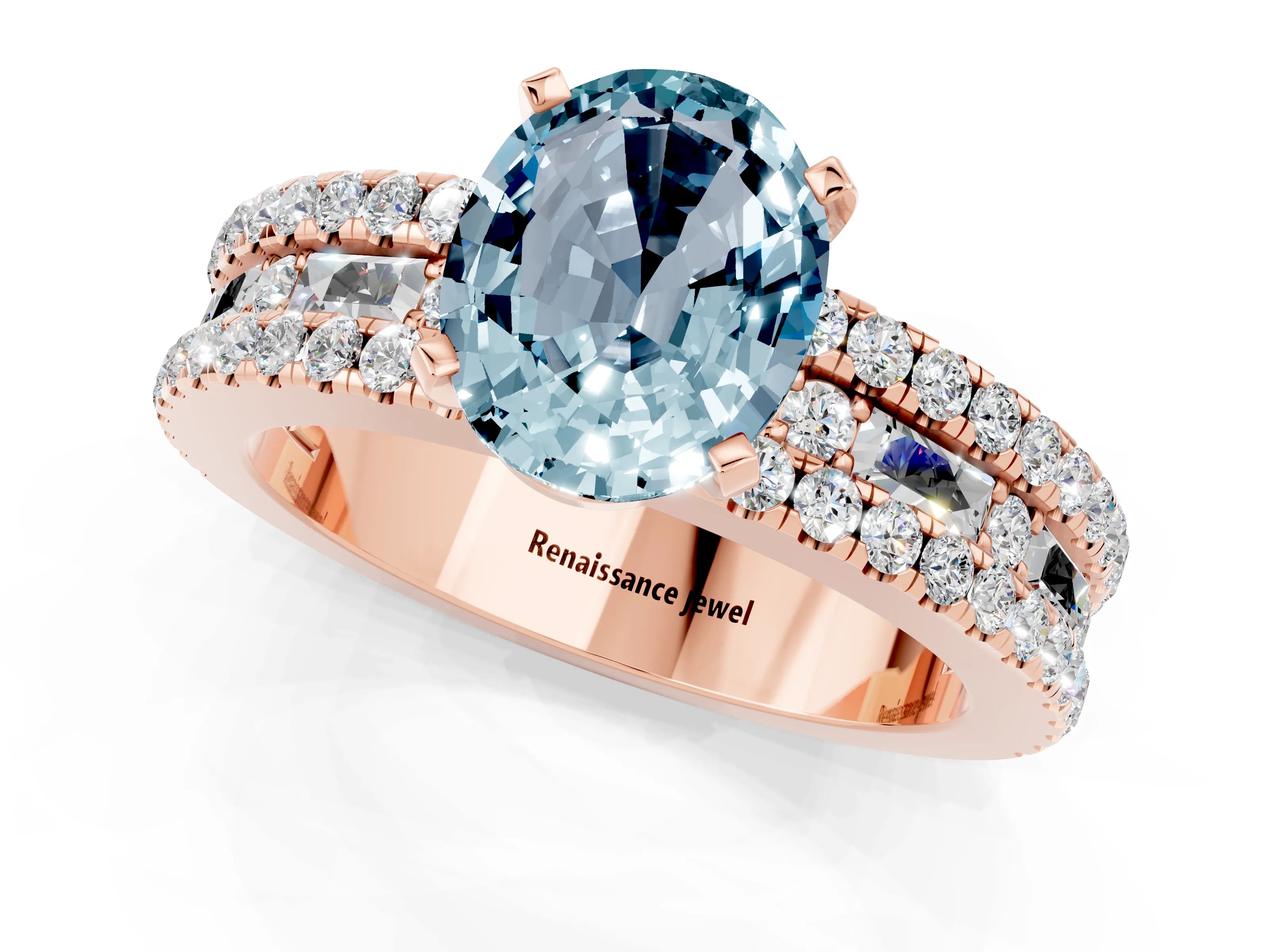 Rose gold Oval Cut Aquamarine Solitaire Ring with Pavé and Channel Set Band_1
