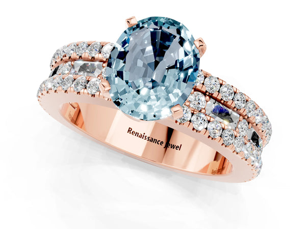 Rose gold Oval Cut Aquamarine Solitaire Ring with Pavé and Channel Set Band