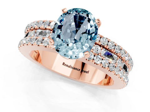 Rose gold Oval Cut Aquamarine Solitaire Ring with Pavé and Channel Set Band_1