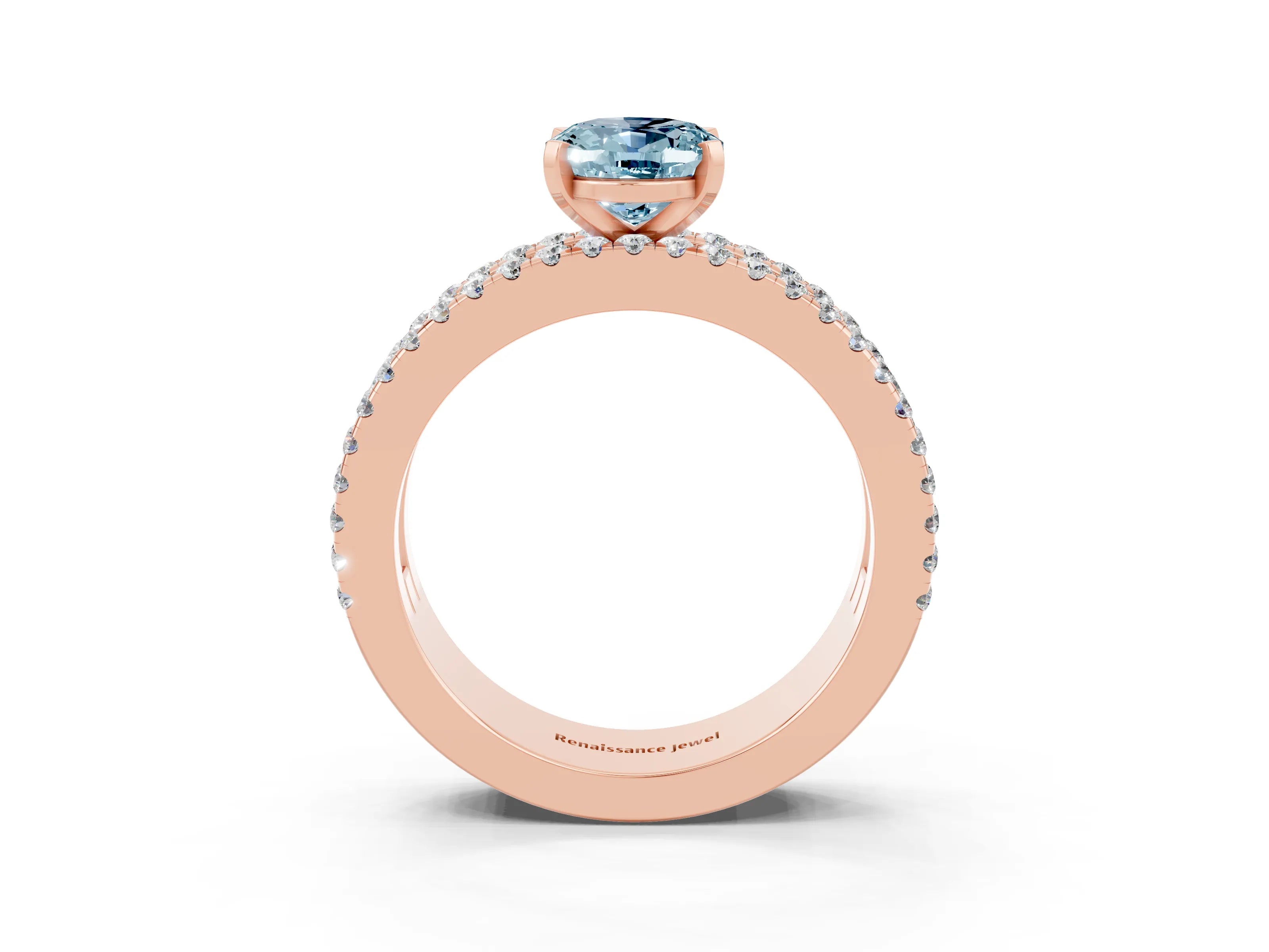 Rose gold Oval Cut Aquamarine Solitaire Ring with Pavé and Channel Set Band_3