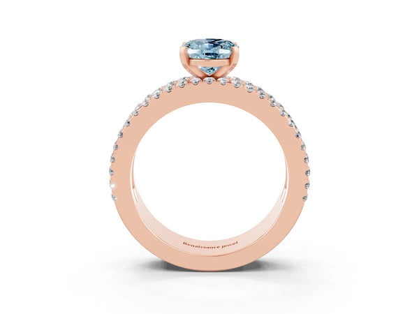 Rose gold Oval Cut Aquamarine Solitaire Ring with Pavé and Channel Set Band