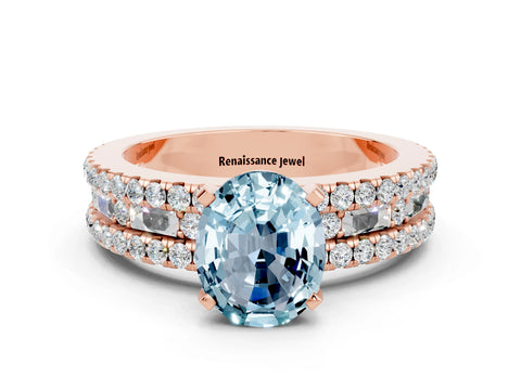 Rose gold Oval Cut Aquamarine Solitaire Ring with Pavé and Channel Set Band
