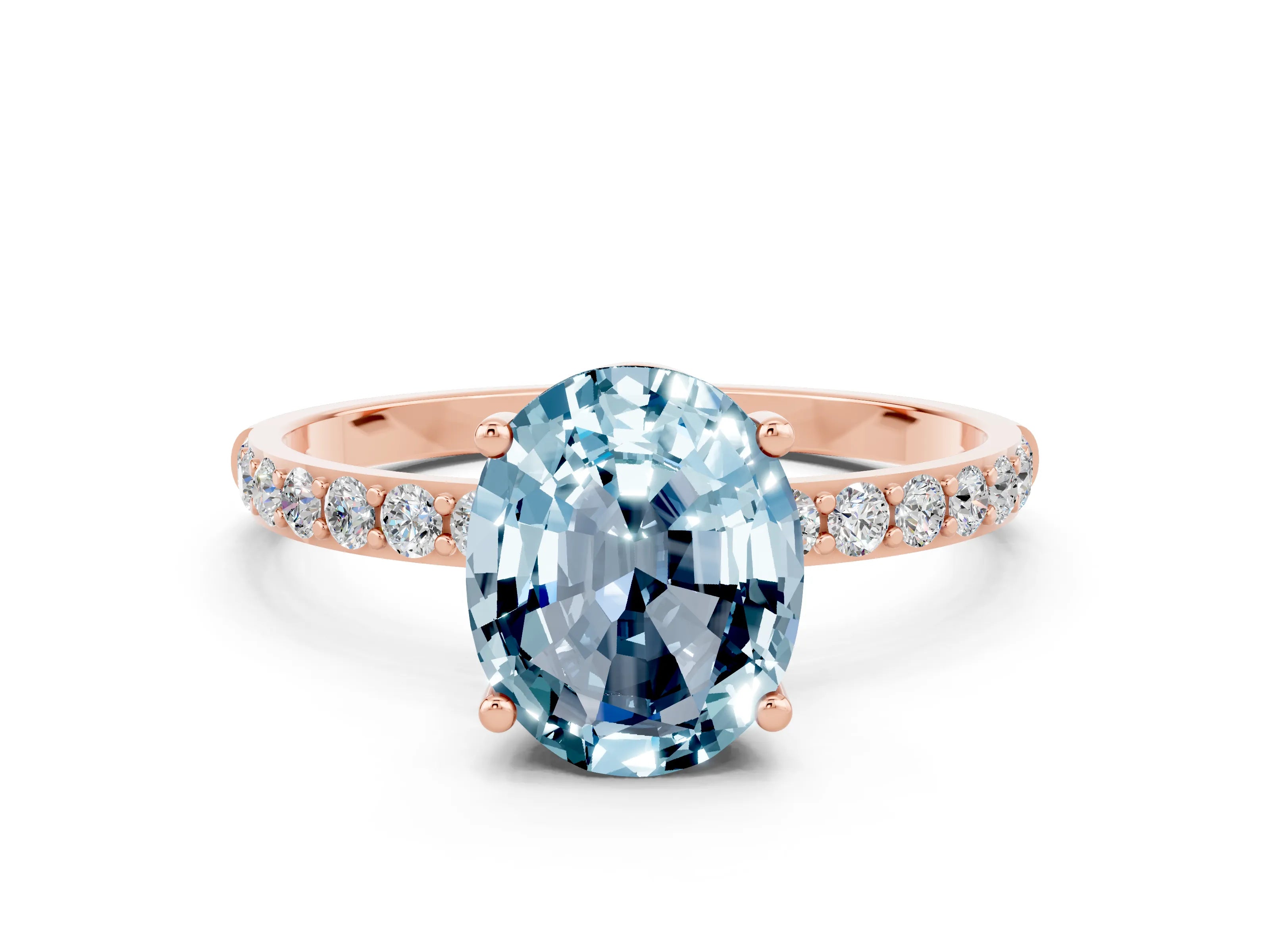 Rose gold Oval Cut Aquamarine Solitaire Ring with Pave Band and Four Prong Setting_24