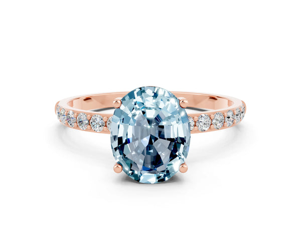 Rose gold Oval Cut Aquamarine Solitaire Ring with Round  Pavé Band and Prong Setting