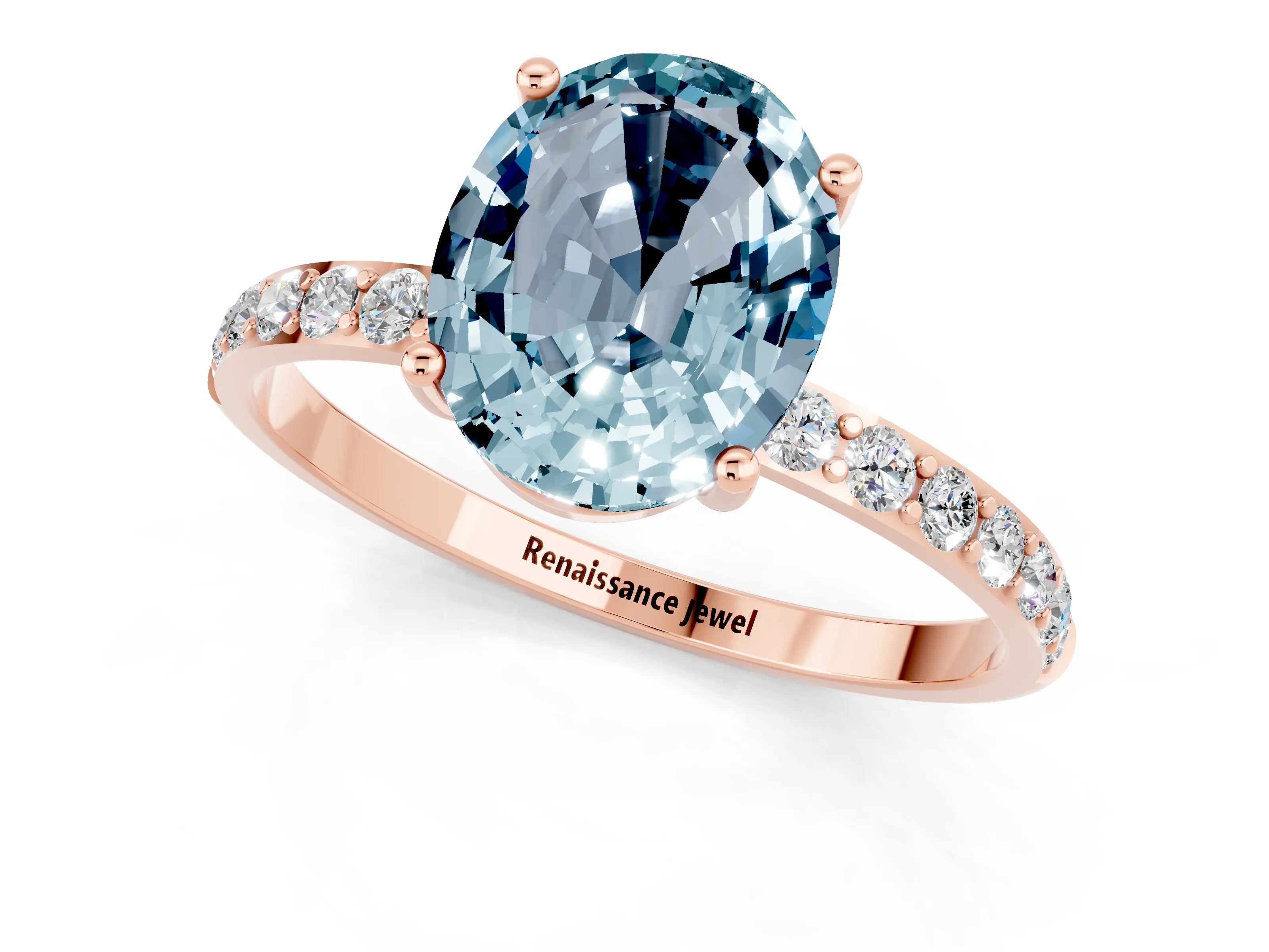 Rose gold Oval Cut Aquamarine Solitaire Ring with Pave Band and Four Prong Setting_25