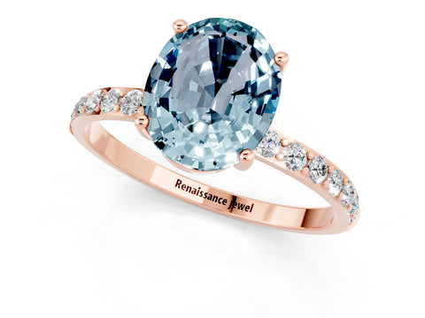 Rose gold Oval Cut Aquamarine Solitaire Ring with Pave Band and Four Prong Setting_25