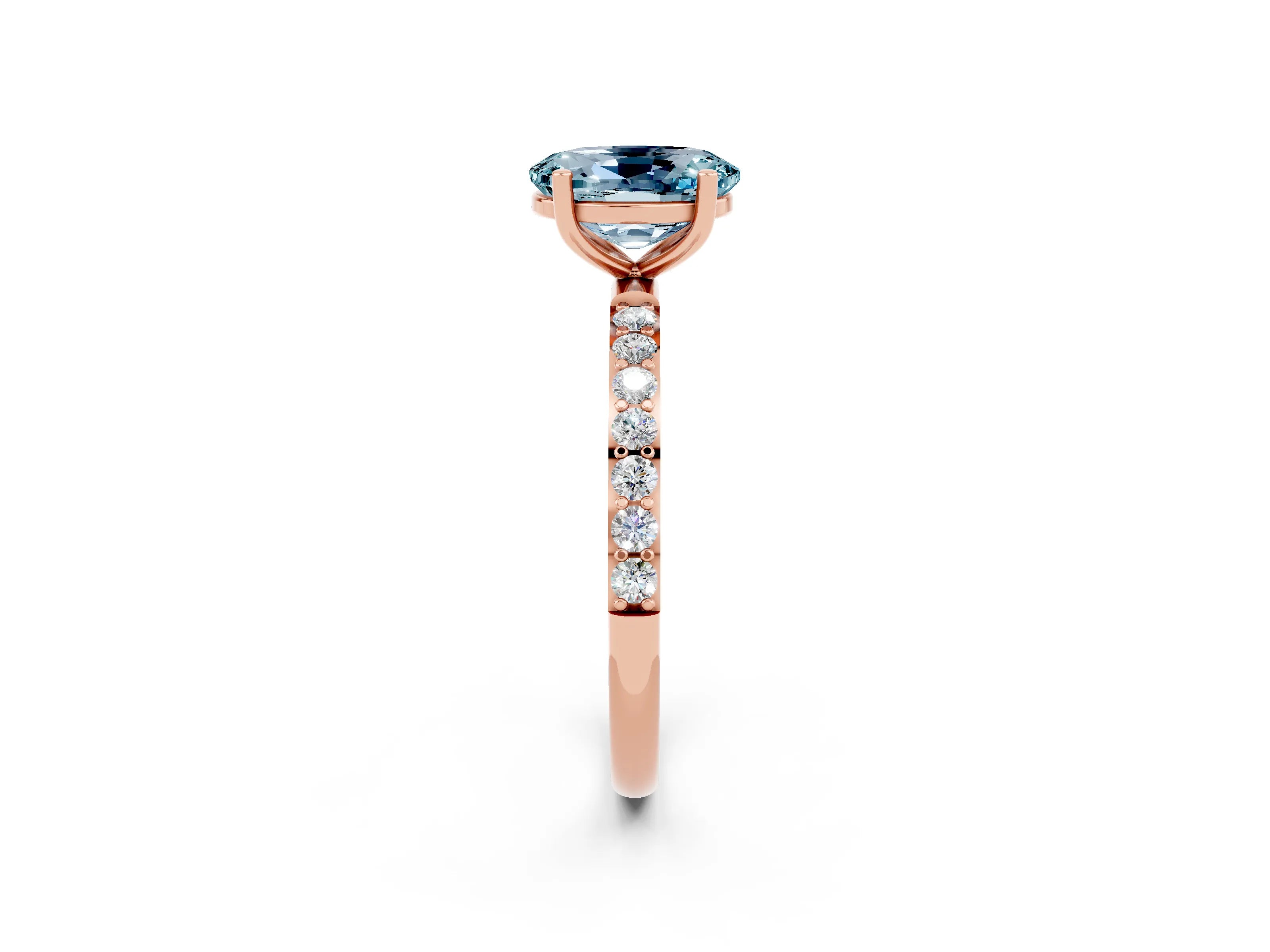 Rose gold Oval Cut Aquamarine Solitaire Ring with Pave Band and Four Prong Setting_26