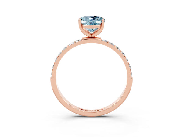 Rose gold Oval Cut Aquamarine Solitaire Ring with Round  Pavé Band and Prong Setting