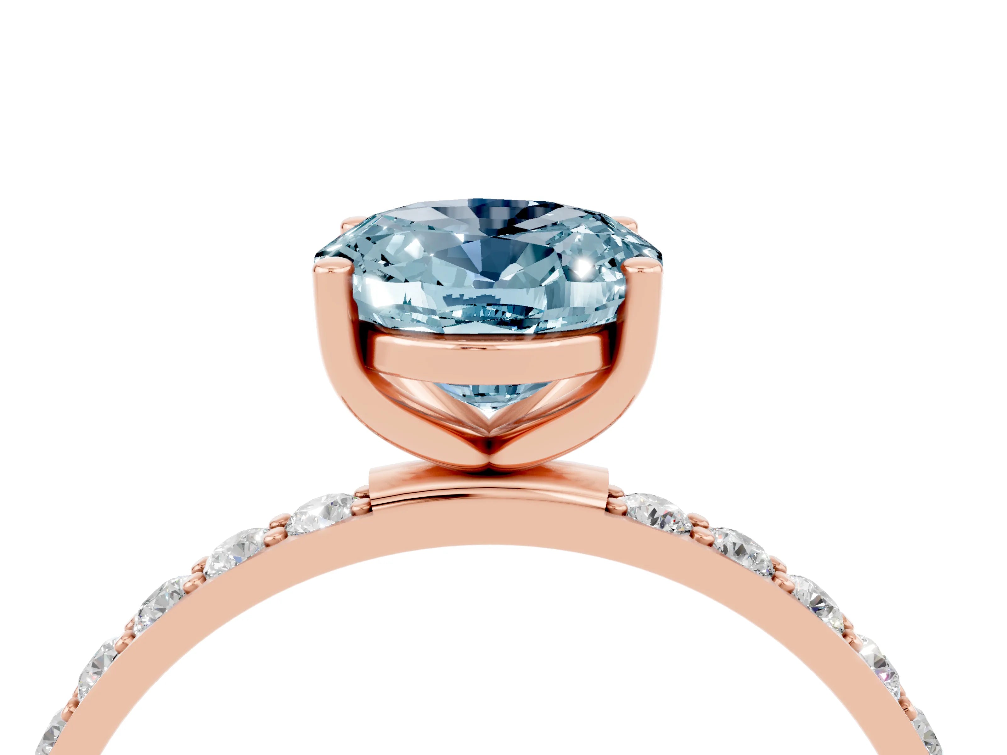 Rose gold Oval Cut Aquamarine Solitaire Ring with Pave Band and Four Prong Setting_28