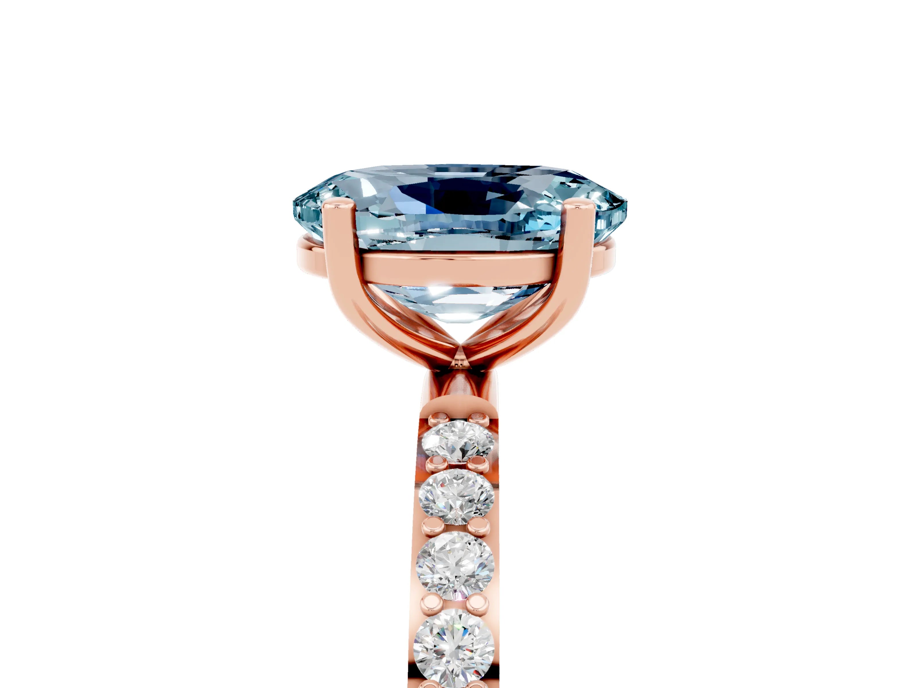 Rose gold Oval Cut Aquamarine Solitaire Ring with Pave Band and Four Prong Setting_29