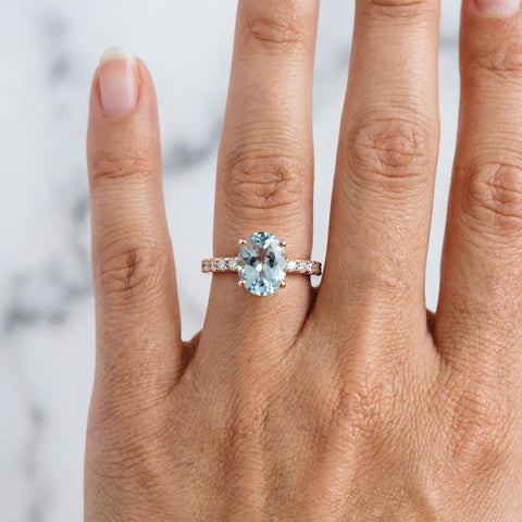 Rose gold Oval Cut Aquamarine Solitaire Ring with Round  Pavé Band and Four-Prong Setting_30