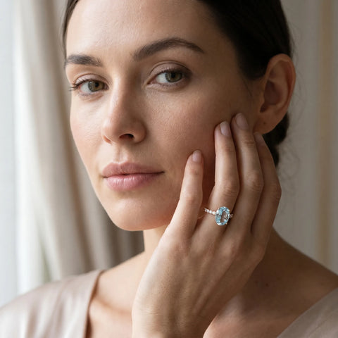 Rose gold Oval Cut Aquamarine Solitaire Ring with Round  Pavé Band and Four-Prong Setting_31