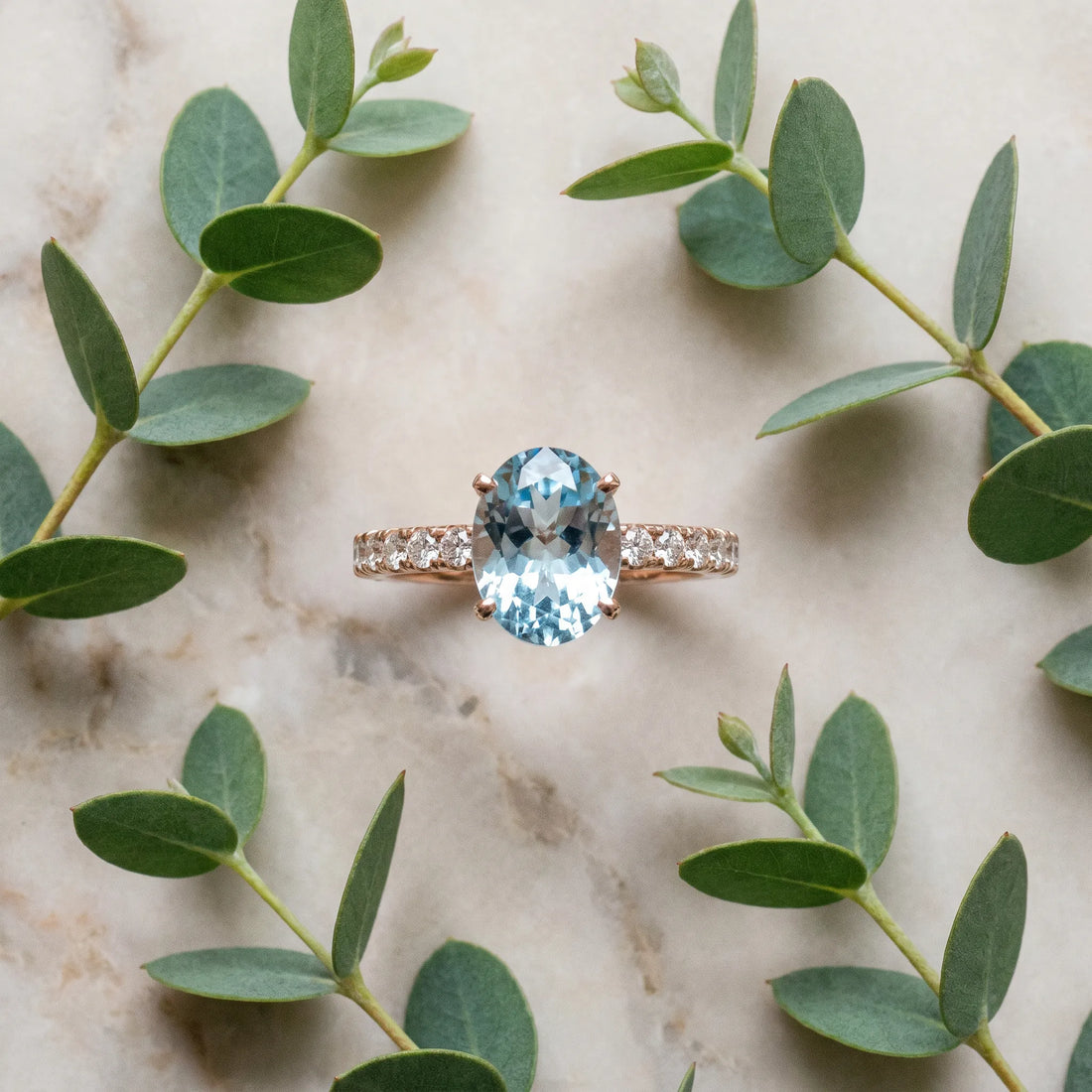 Rose gold Oval Cut Aquamarine Solitaire Ring with Round  Pavé Band and Four-Prong Setting_33