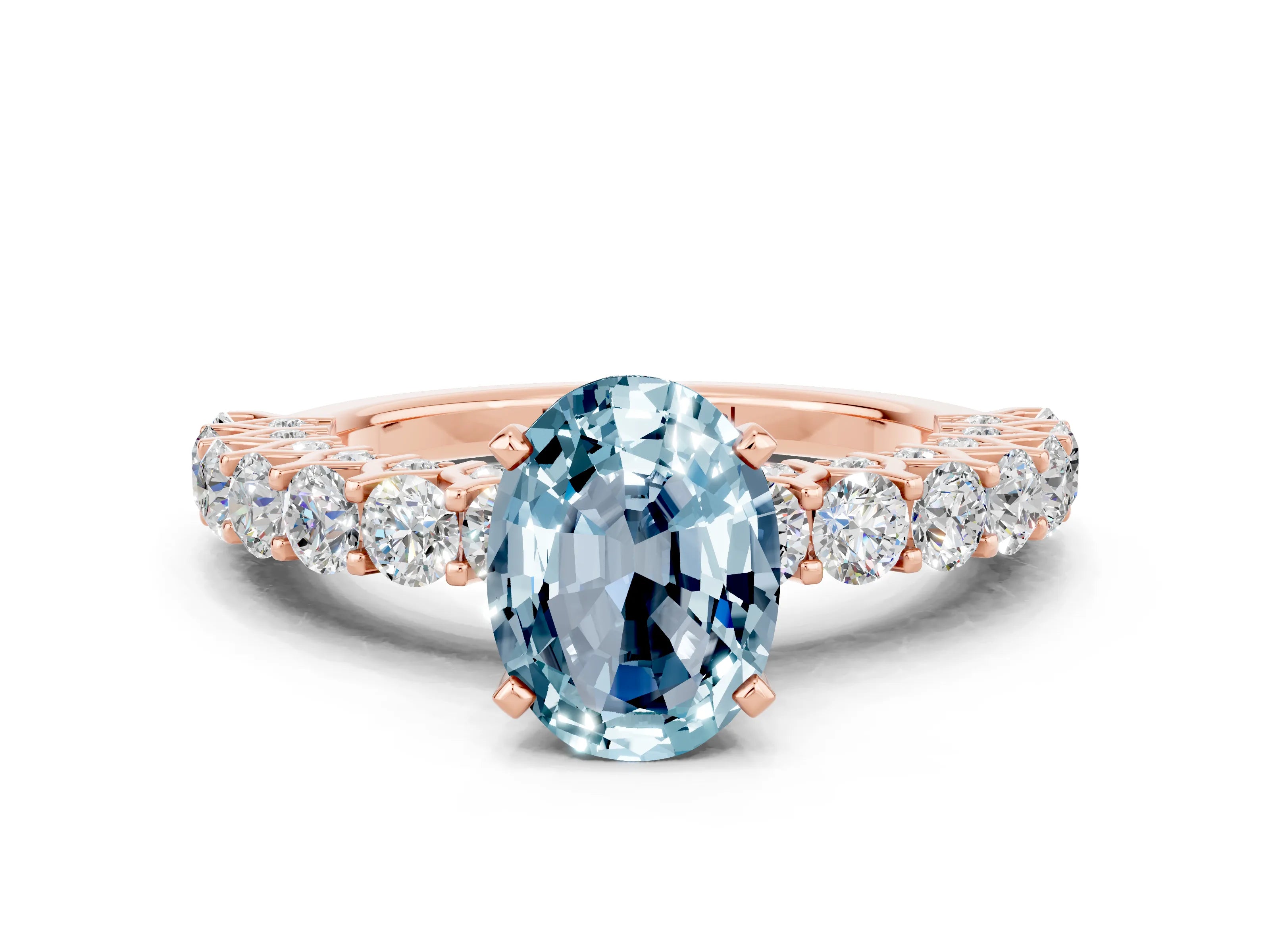 Rose gold Oval Cut Aquamarine Solitaire Ring with Shared Prong Pavé Band and Four-Prong Setting