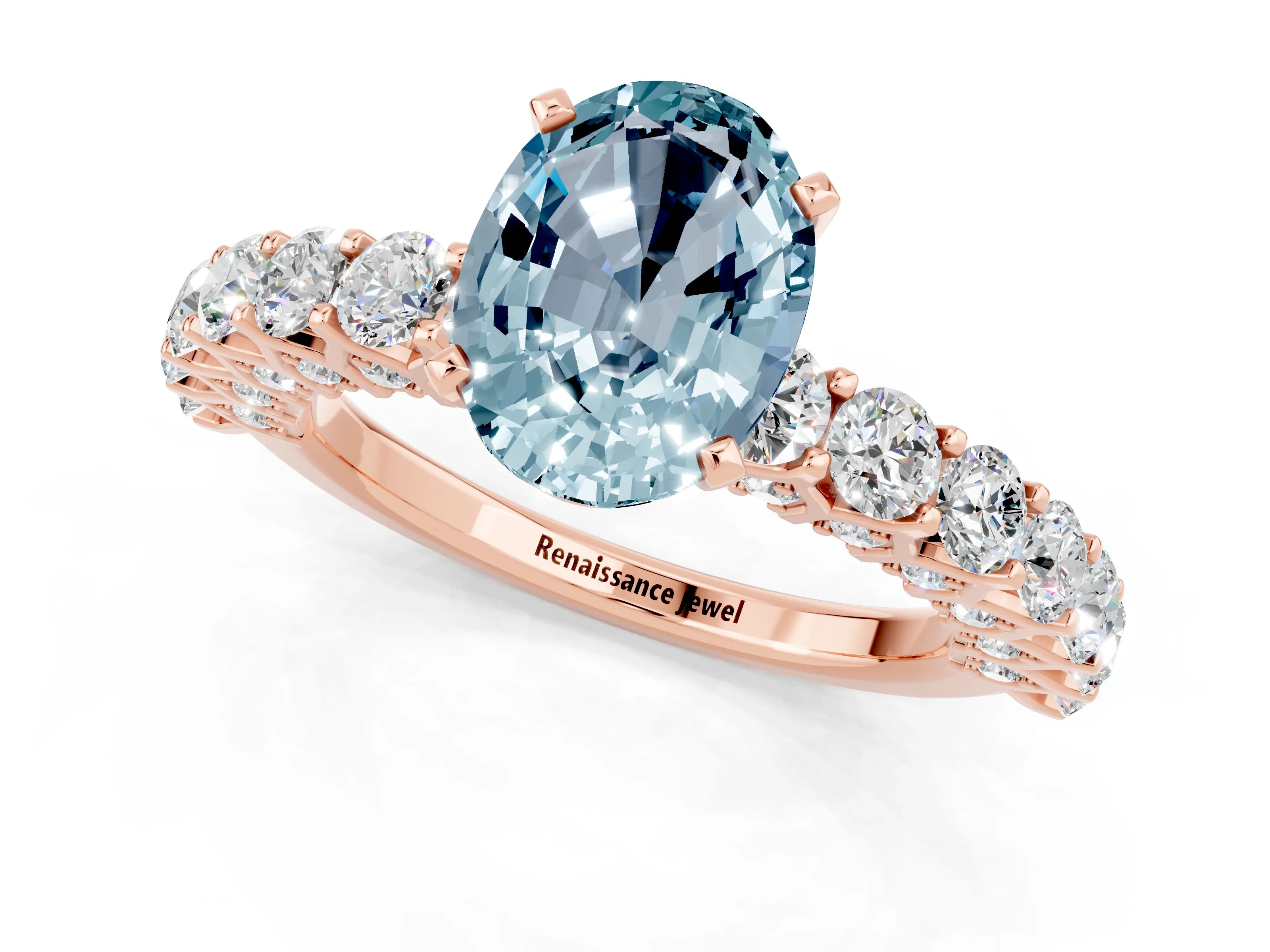 Rose gold Oval Cut Aquamarine Solitaire Ring with Shared Prong Pavé Band and Four-Prong Setting_1