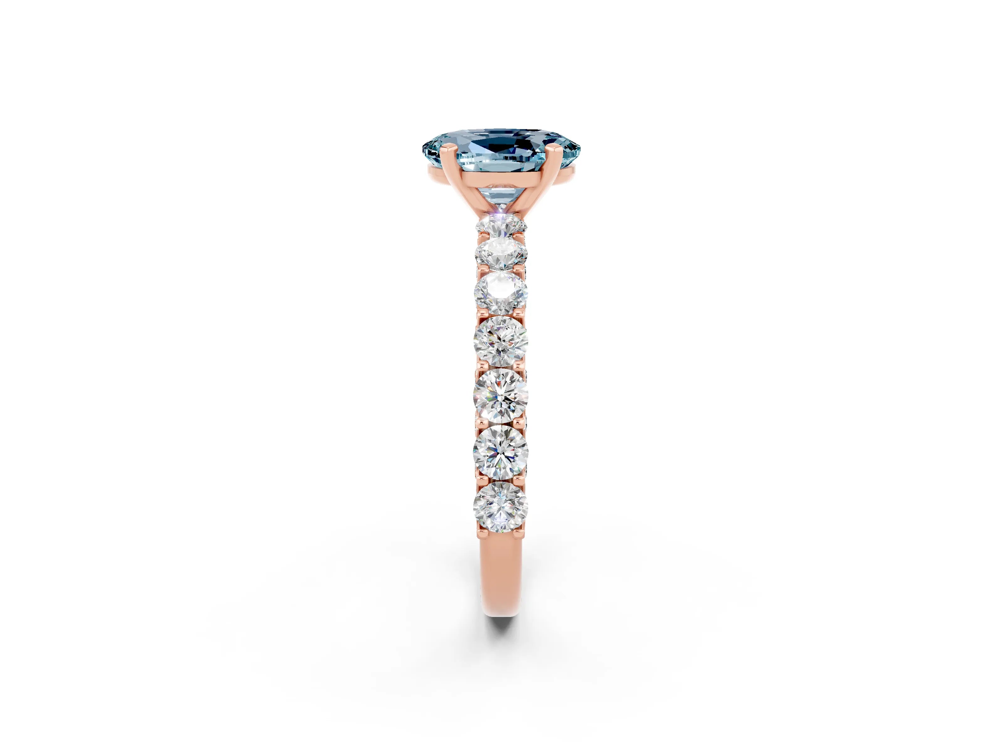 Rose gold Oval Cut Aquamarine Solitaire Ring with Shared Prong Pavé Band and Four-Prong Setting_2