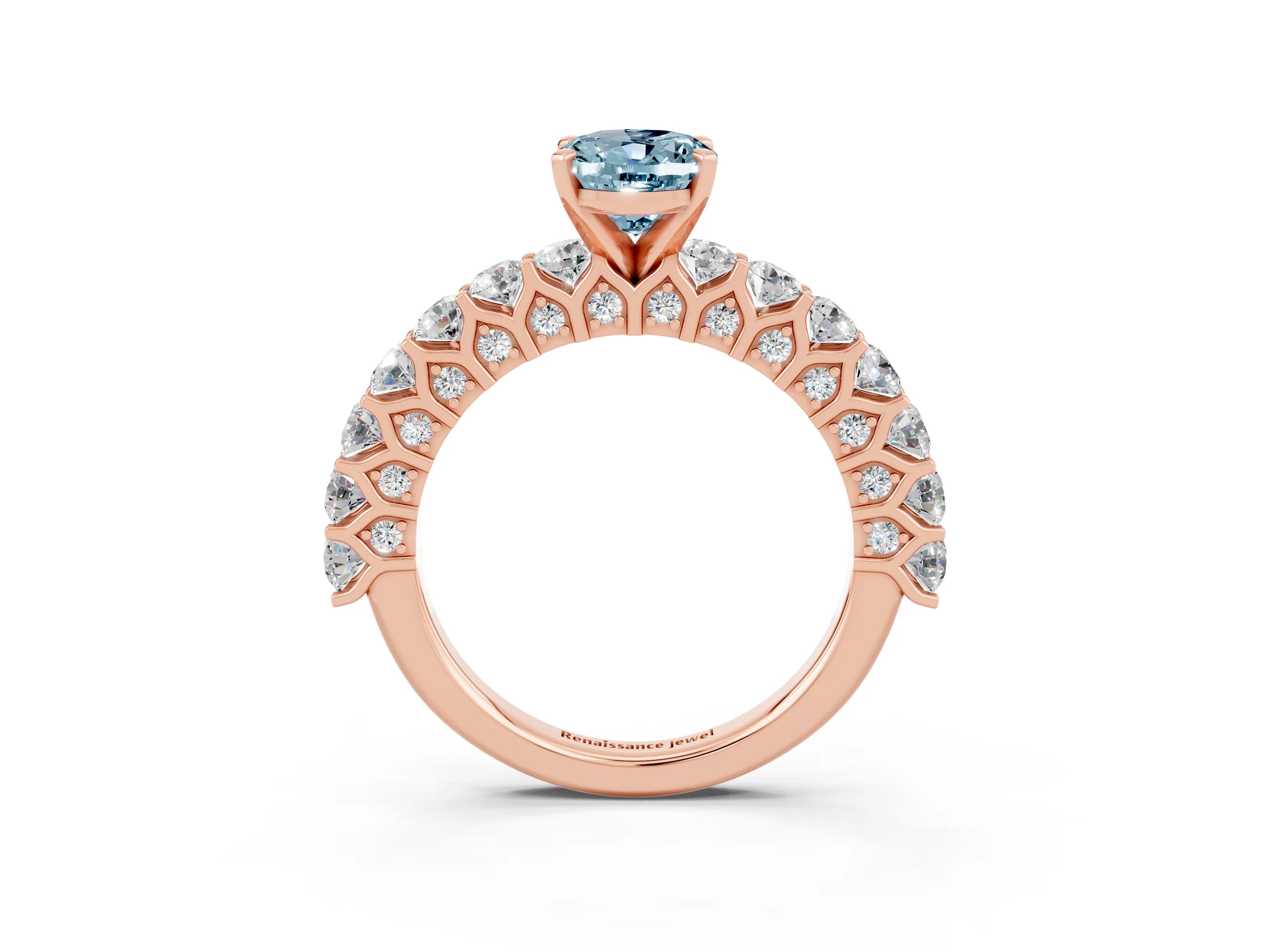 Rose gold Oval Cut Aquamarine Solitaire Ring with Shared Prong Pavé Band and Four-Prong Setting_3