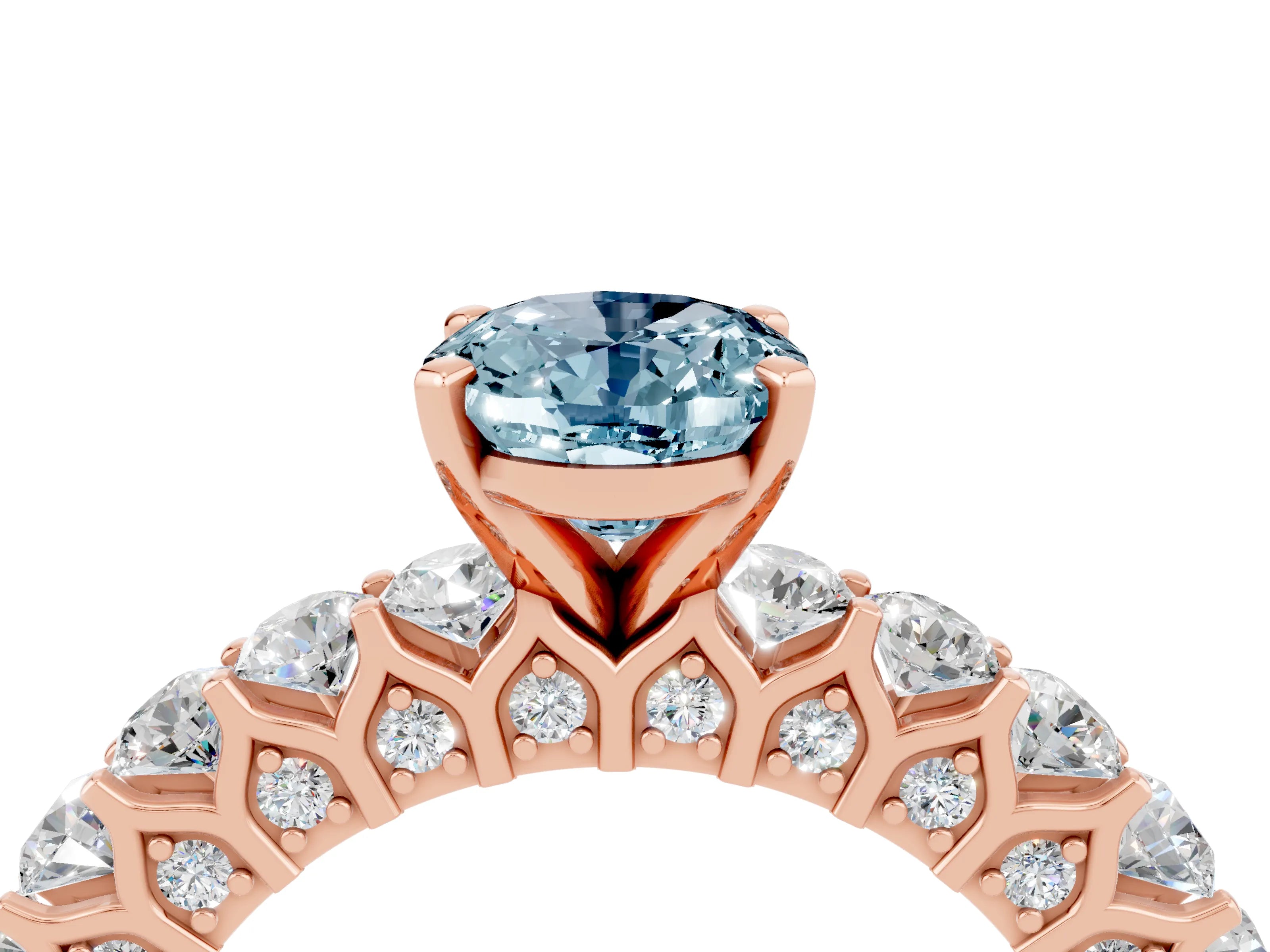 Rose gold Oval Cut Aquamarine Solitaire Ring with Shared Prong Pavé Band and Four-Prong Setting_4
