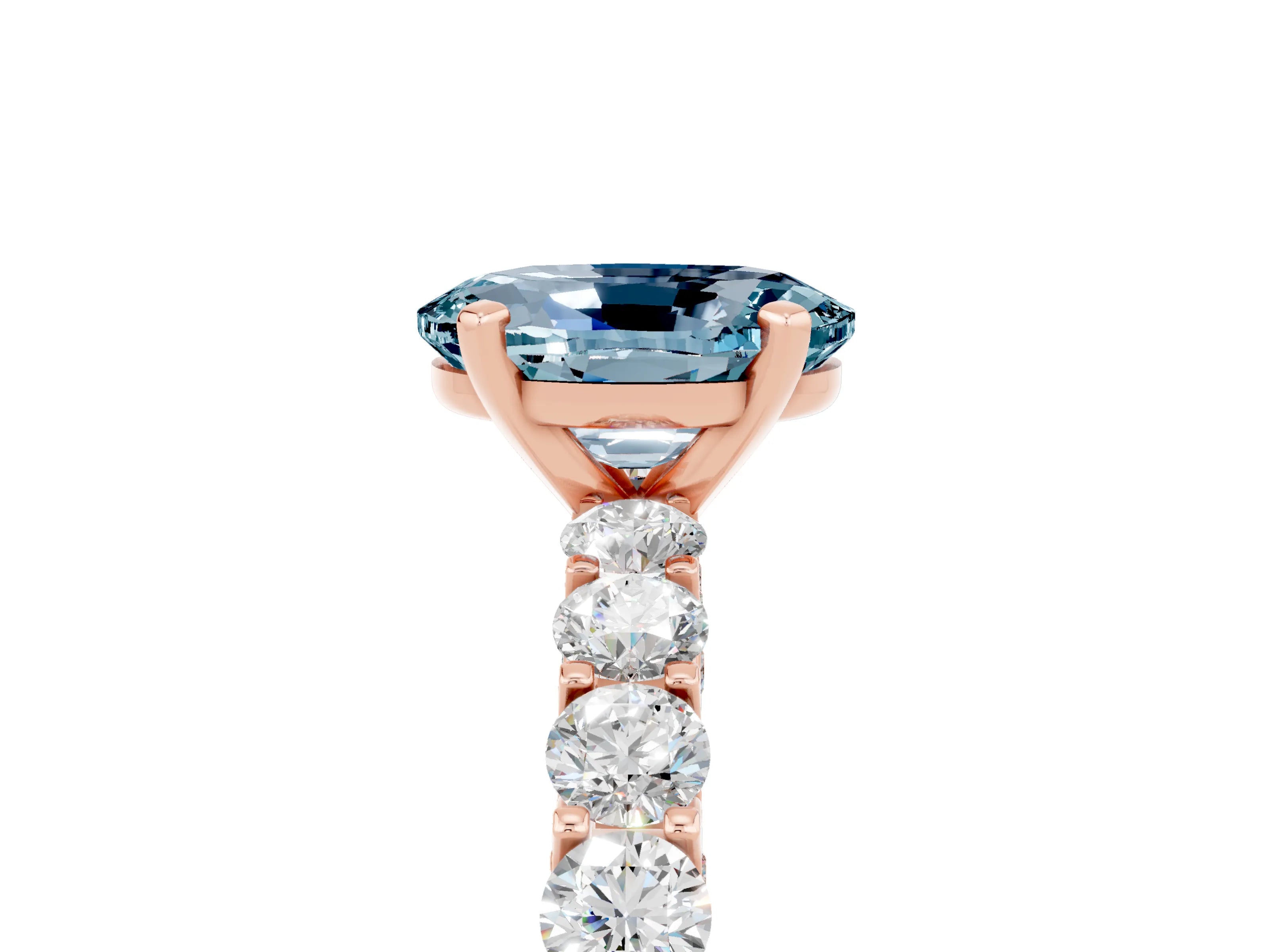 Rose gold Oval Cut Aquamarine Solitaire Ring with Shared Prong Pavé Band and Four-Prong Setting_5