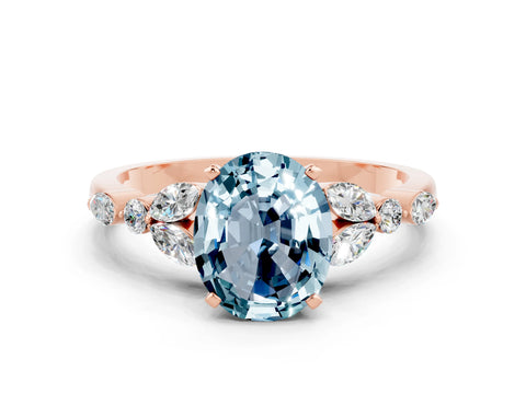 Rose gold Oval Cut Aquamarine Solitaire Ring with Side Stones and Four-Prong Setting_12