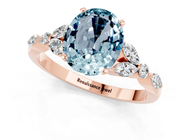 Rose gold Oval Cut Aquamarine Solitaire Ring with Side Stones and Four-Prong Setting