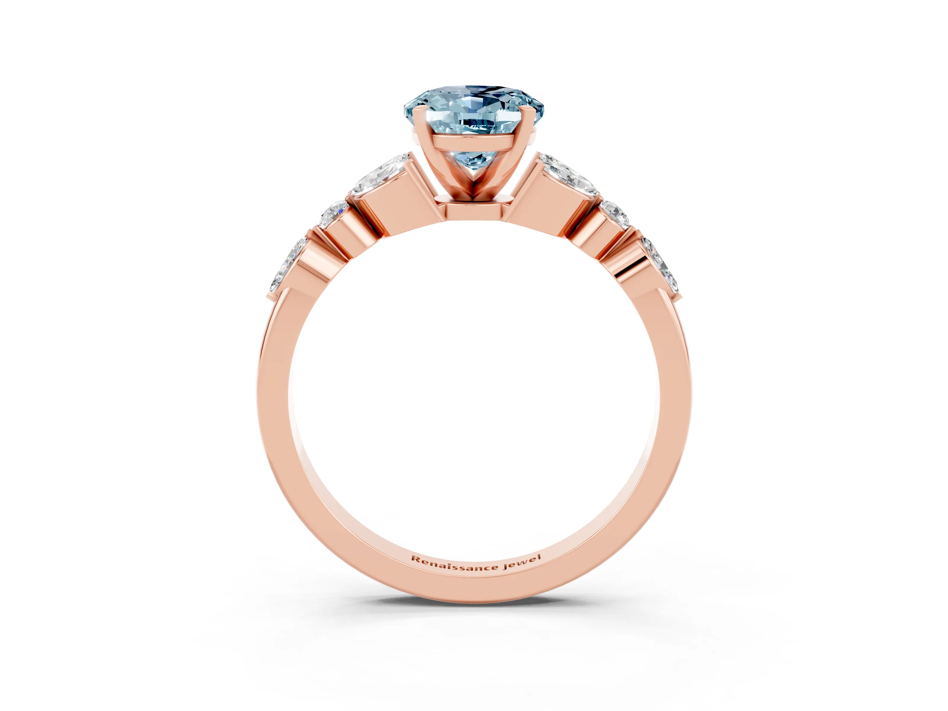 Rose gold Oval Cut Aquamarine Solitaire Ring with Side Stones and Four-Prong Setting_15