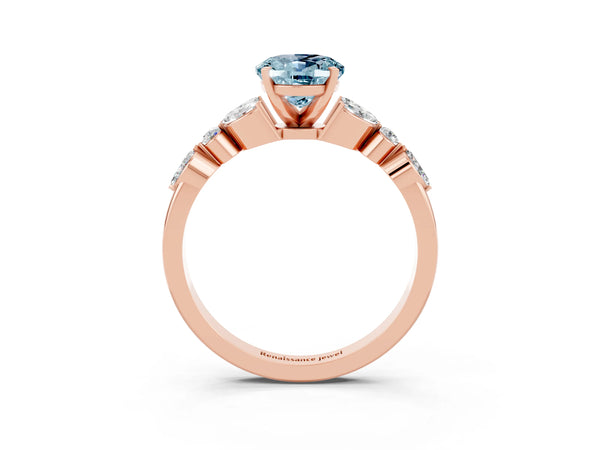 Rose gold Oval Cut Aquamarine Solitaire Ring with Side Stones and Four-Prong Setting