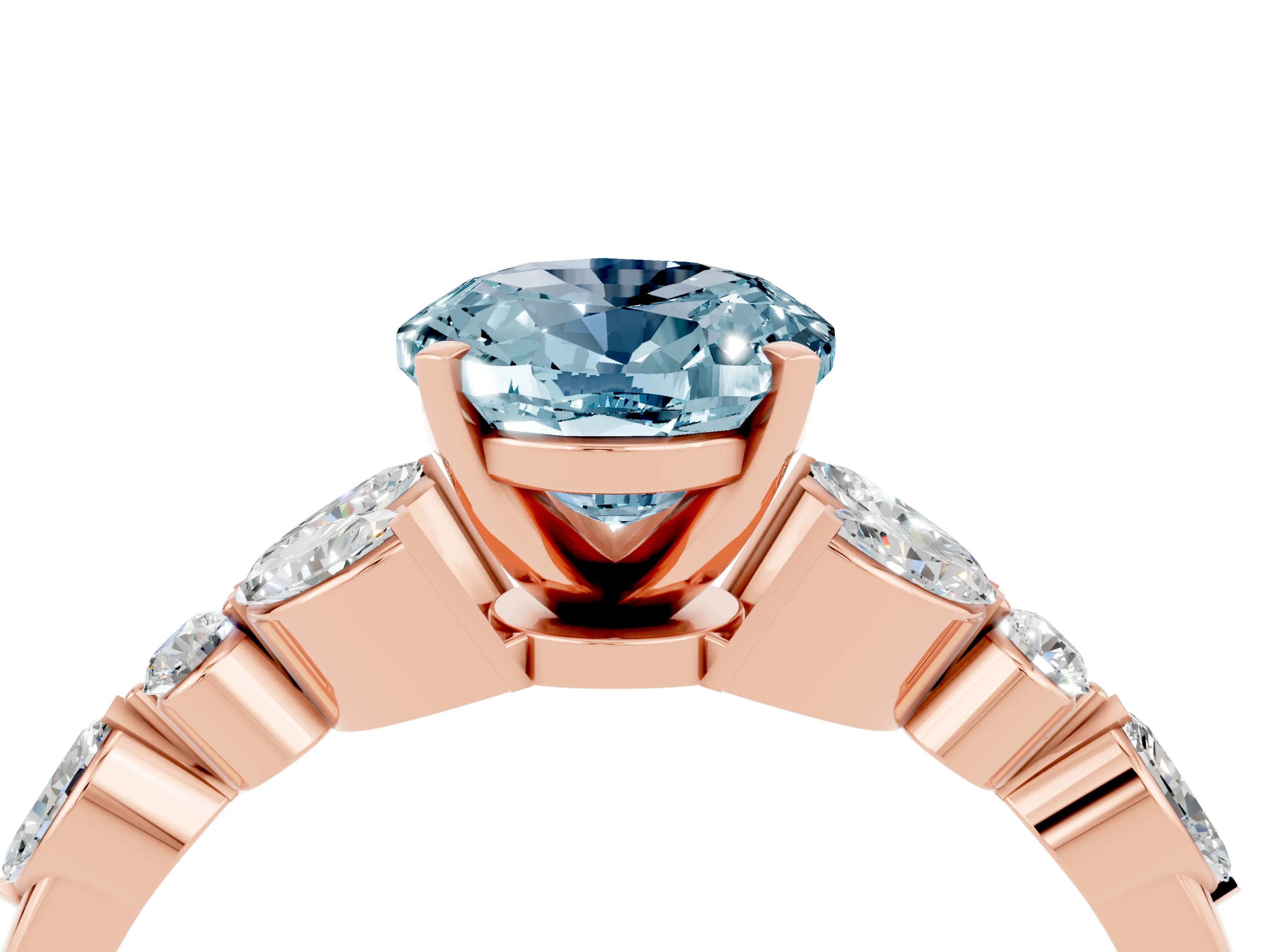 Rose gold Oval Cut Aquamarine Solitaire Ring with Side Stones and Four-Prong Setting_16