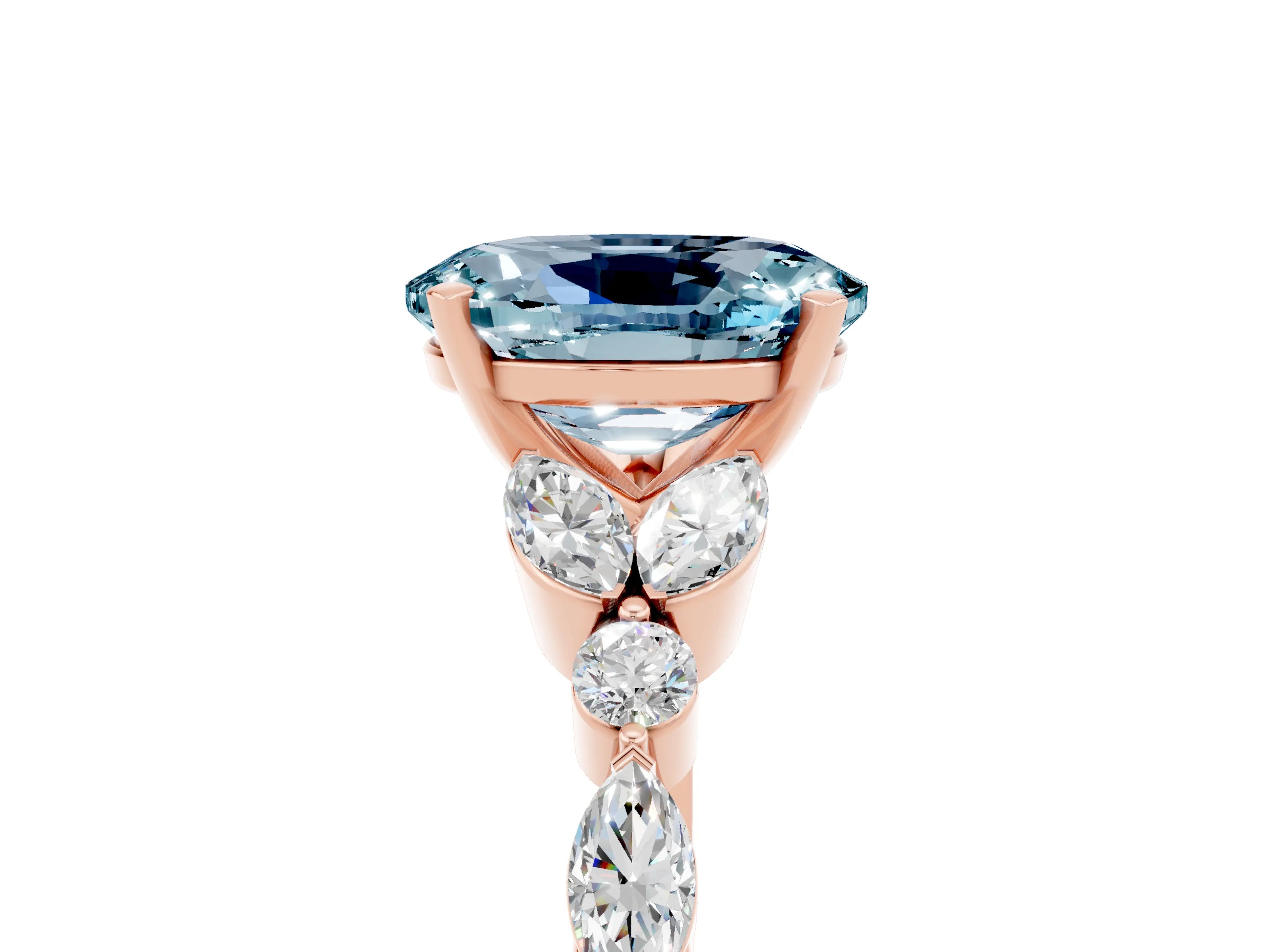Rose gold Oval Cut Aquamarine Solitaire Ring with Side Stones and Four-Prong Setting_17