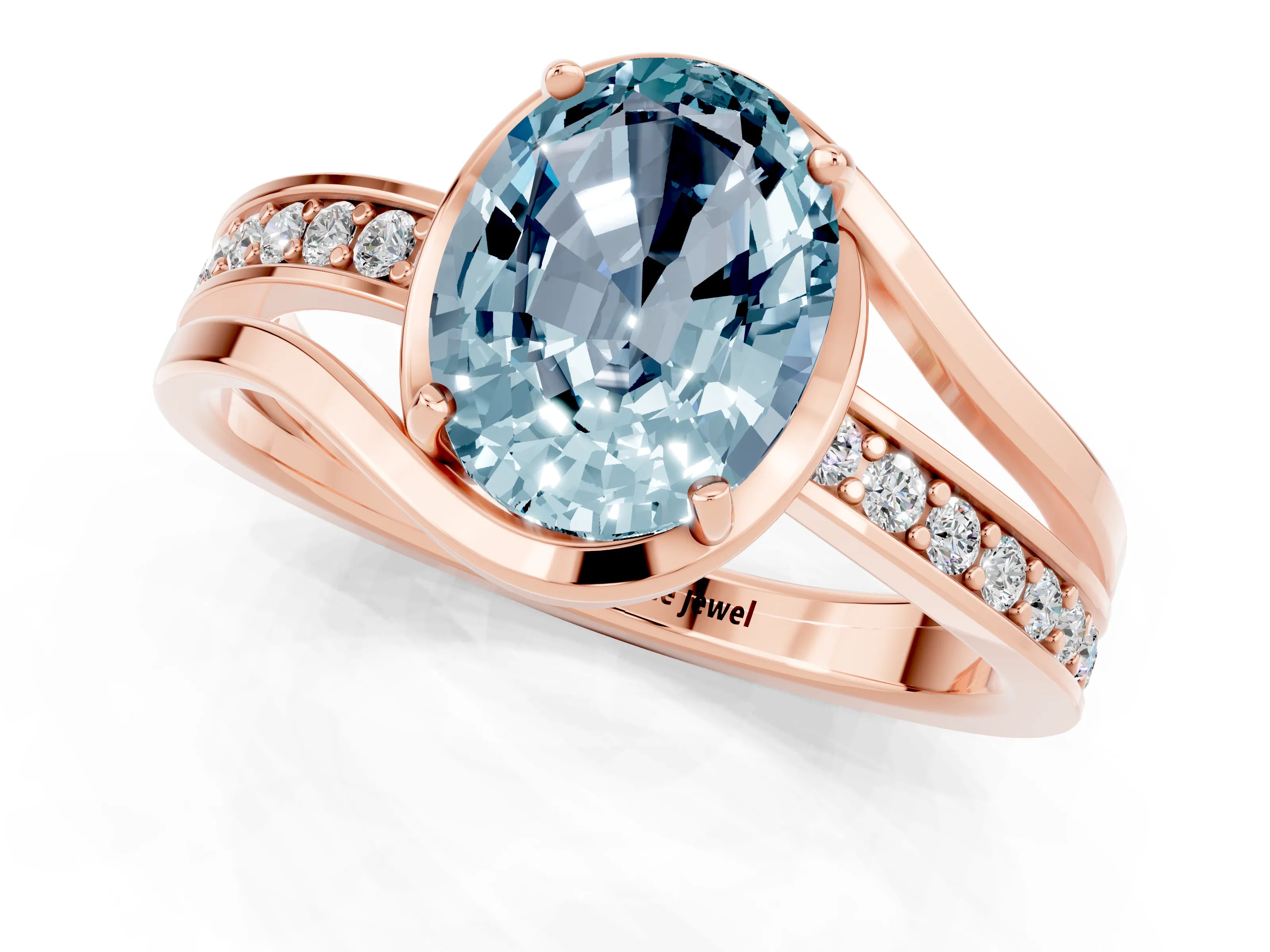 Rose gold Oval Cut Aquamarine Solitaire Ring with Split Shank and Prong Setting_1