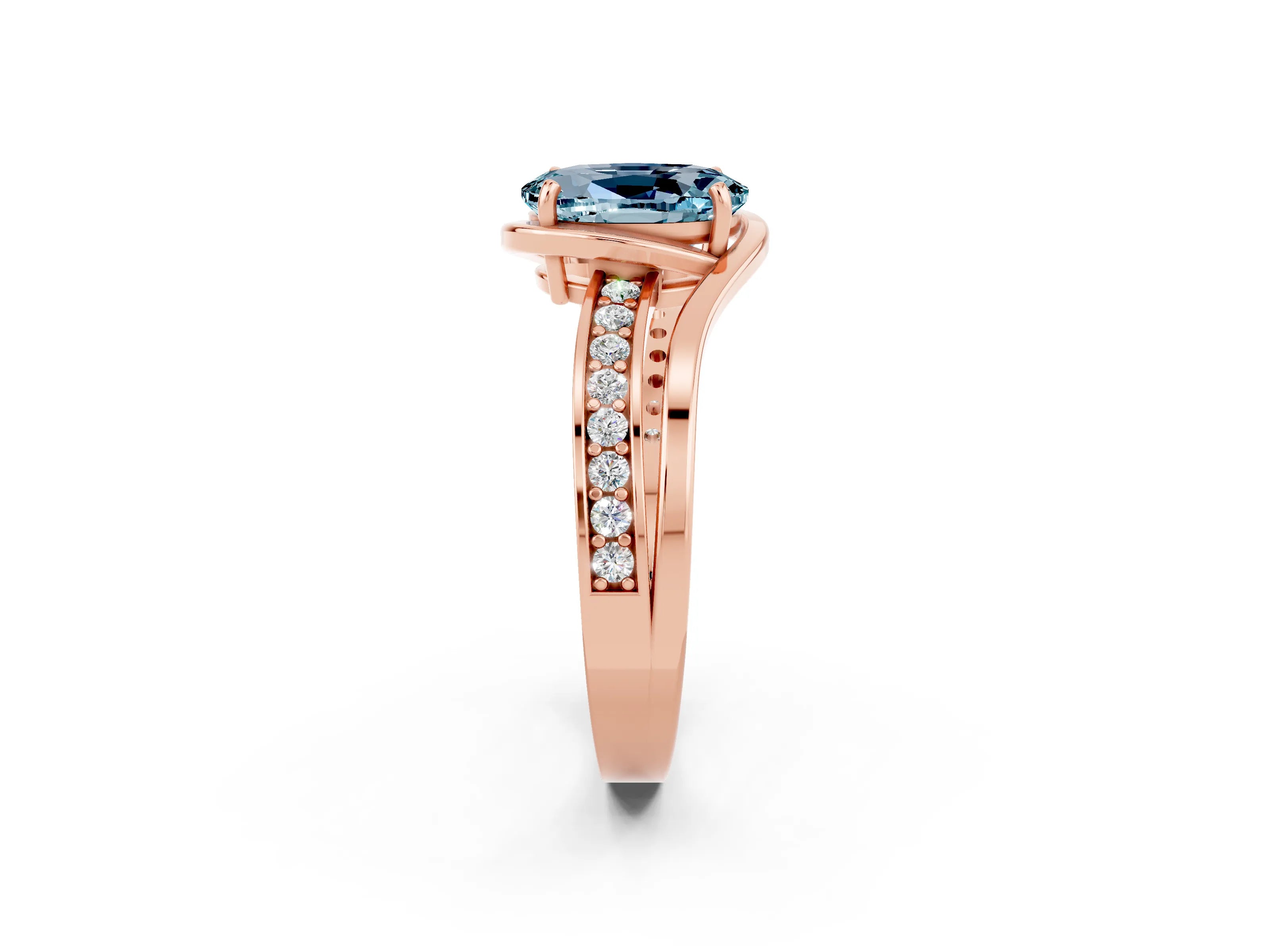 Rose gold Oval Cut Aquamarine Solitaire Ring with Split Shank and Prong Setting_2