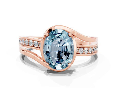 Rose gold Oval Cut Aquamarine Solitaire Ring with Split Shank and Prong Setting
