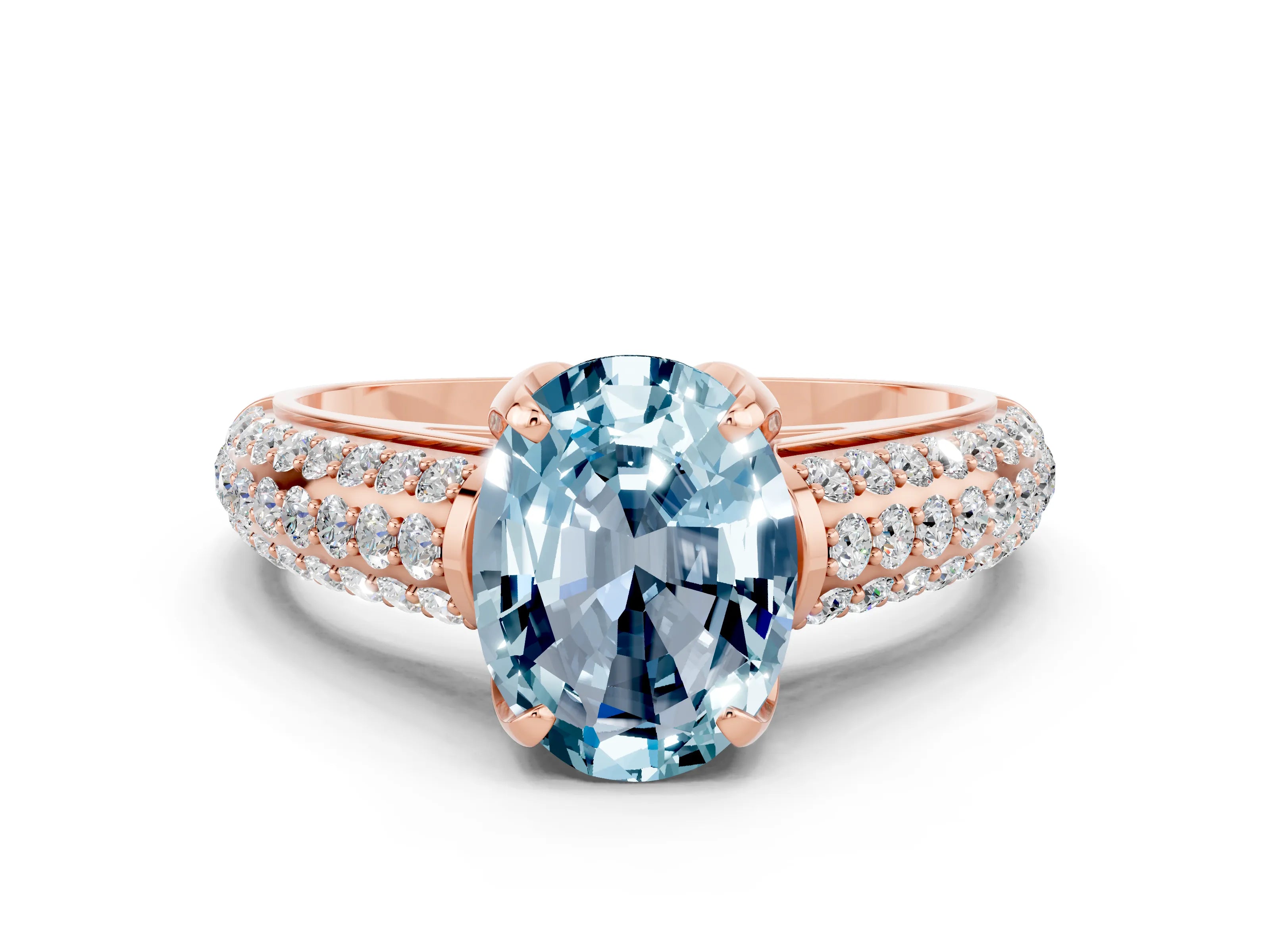 Rose gold Oval Cut Aquamarine Solitaire Ring with Three-Row Pavé Band and Four-Prong Setting_12