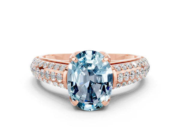 Rose gold Oval Cut Aquamarine Solitaire Ring with Three-Row Pavé Band and Four-Prong Setting