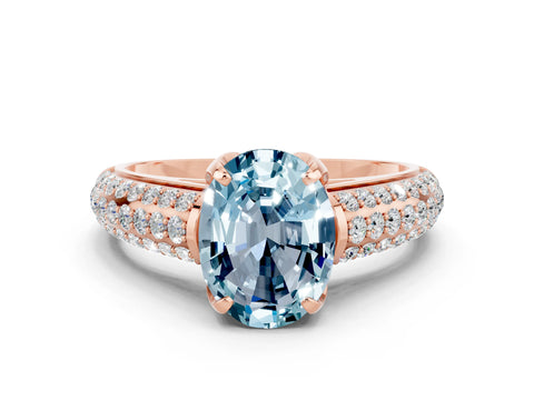 Rose gold Oval Cut Aquamarine Solitaire Ring with Three-Row Pavé Band and Four-Prong Setting_12