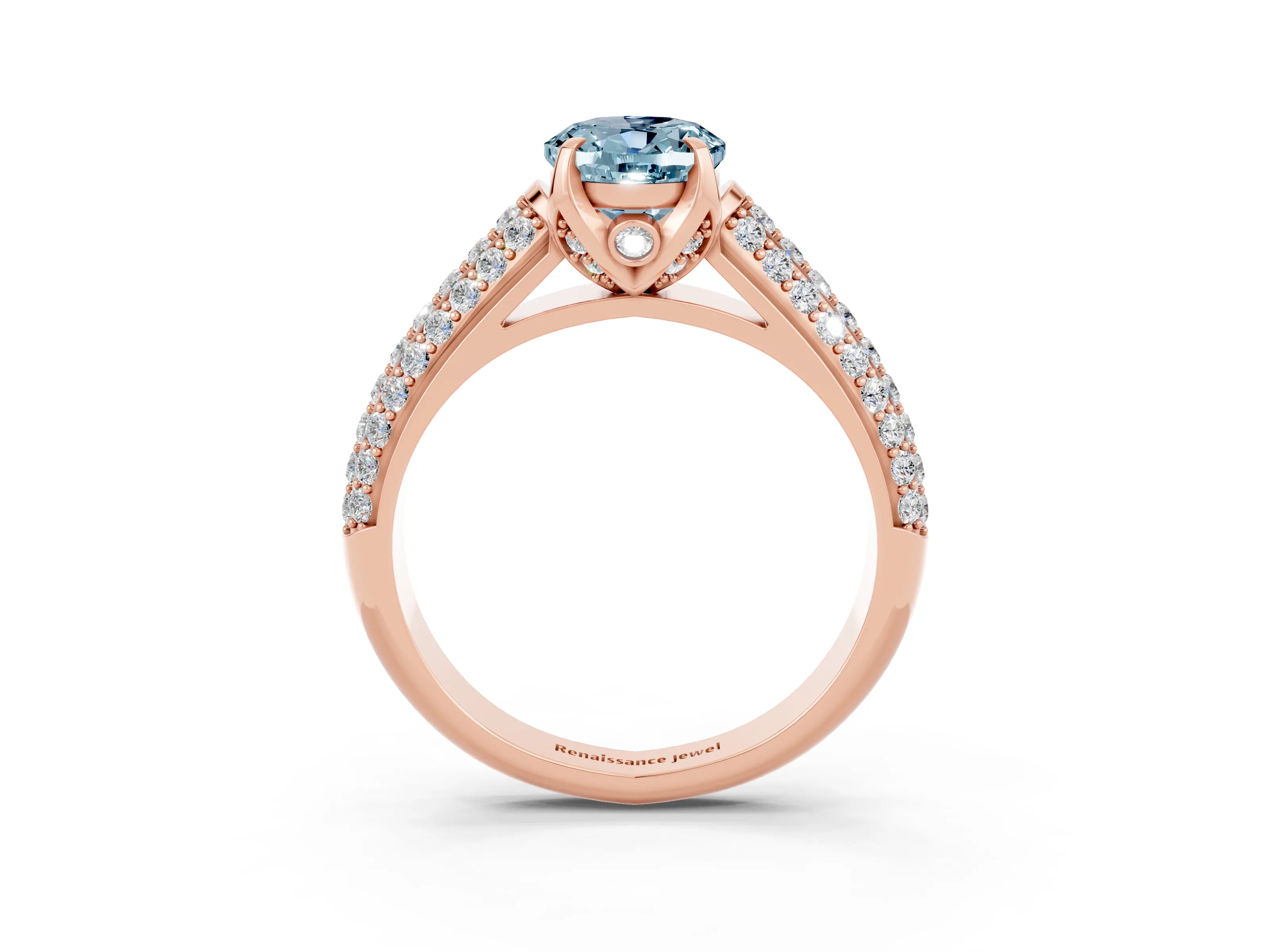 Rose gold Oval Cut Aquamarine Solitaire Ring with Three-Row Pavé Band and Four-Prong Setting_15
