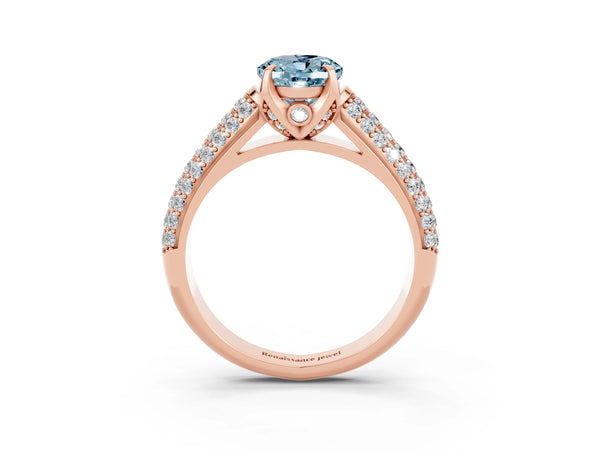 Rose gold Oval Cut Aquamarine Solitaire Ring with Three-Row Pavé Band and Four-Prong Setting