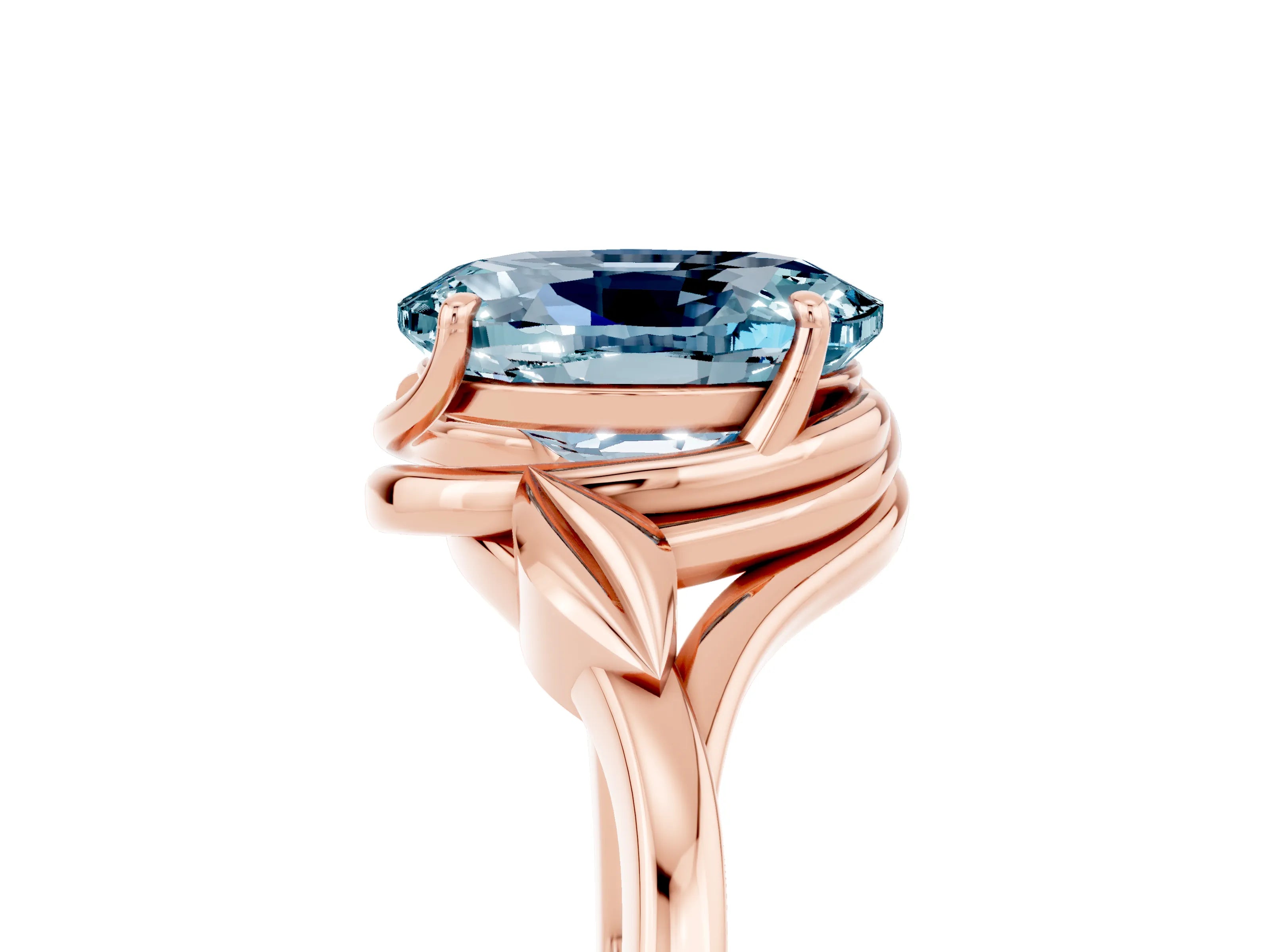 Rose gold Oval Cut Aquamarine Solitaire Ring with Twist Band and Four-Prong Setting_29