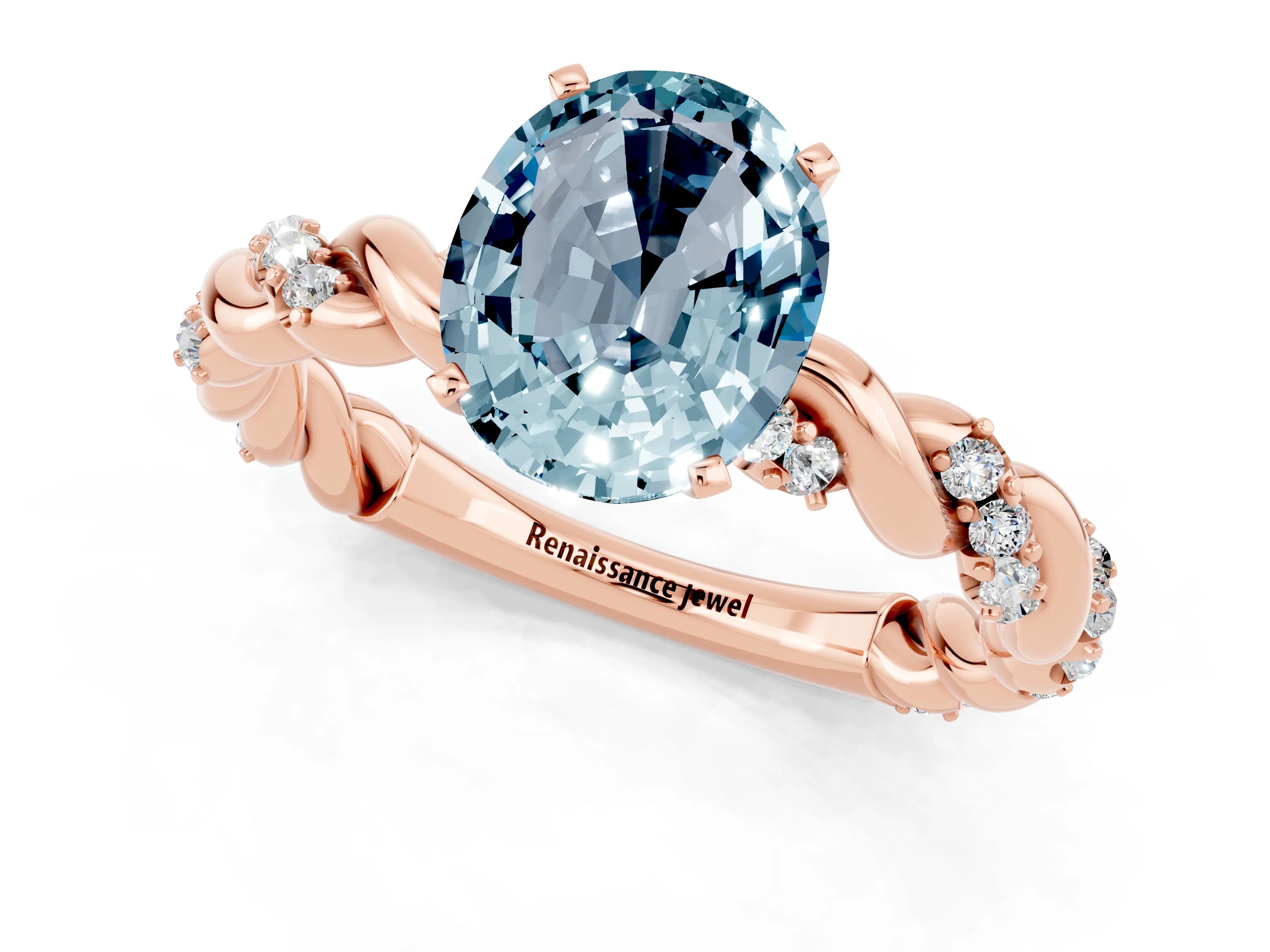 Rose gold Oval Cut Aquamarine Solitaire Ring with Twisted Band and Pavé Accents_1