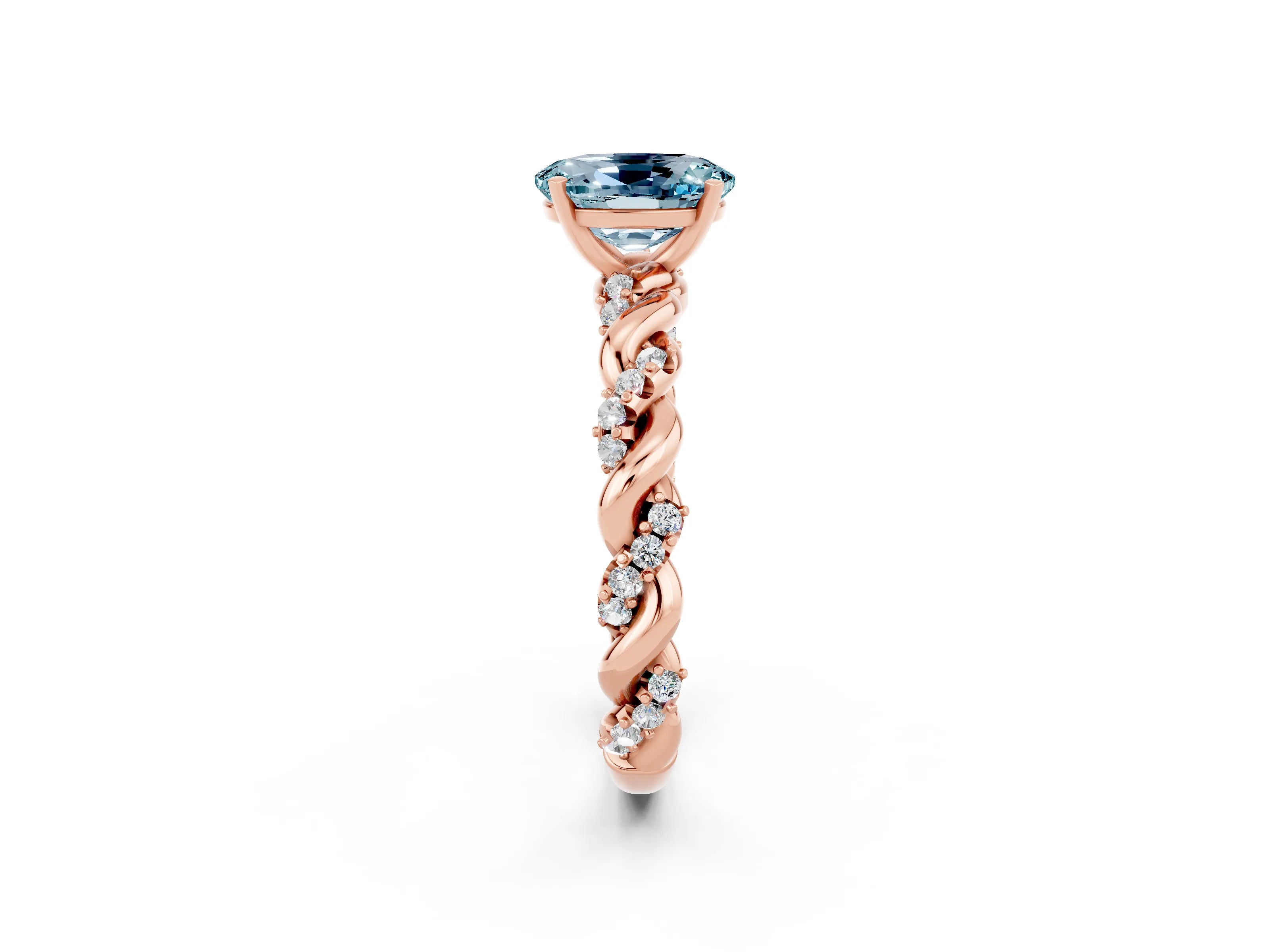 Rose gold Oval Cut Aquamarine Solitaire Ring with Twisted Band and Pavé Accents_2