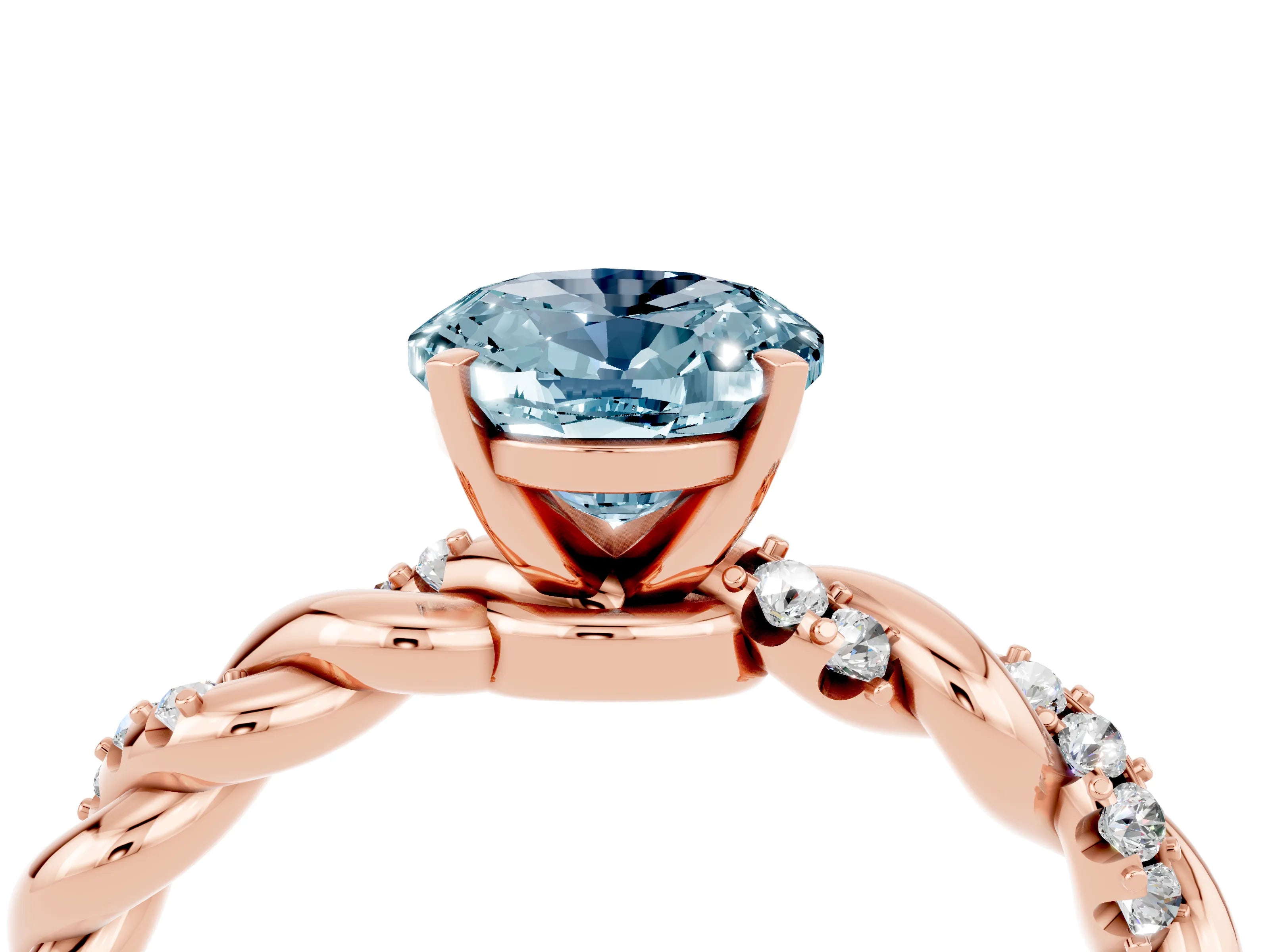 Rose gold Oval Cut Aquamarine Solitaire Ring with Twisted Band and Pavé Accents_4
