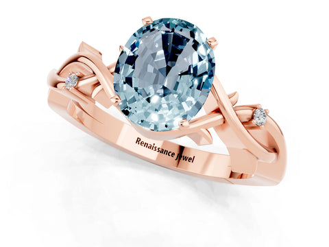 Rose gold Oval Cut Aquamarine Solitaire Ring with Twisted Band and Prong Setting_1