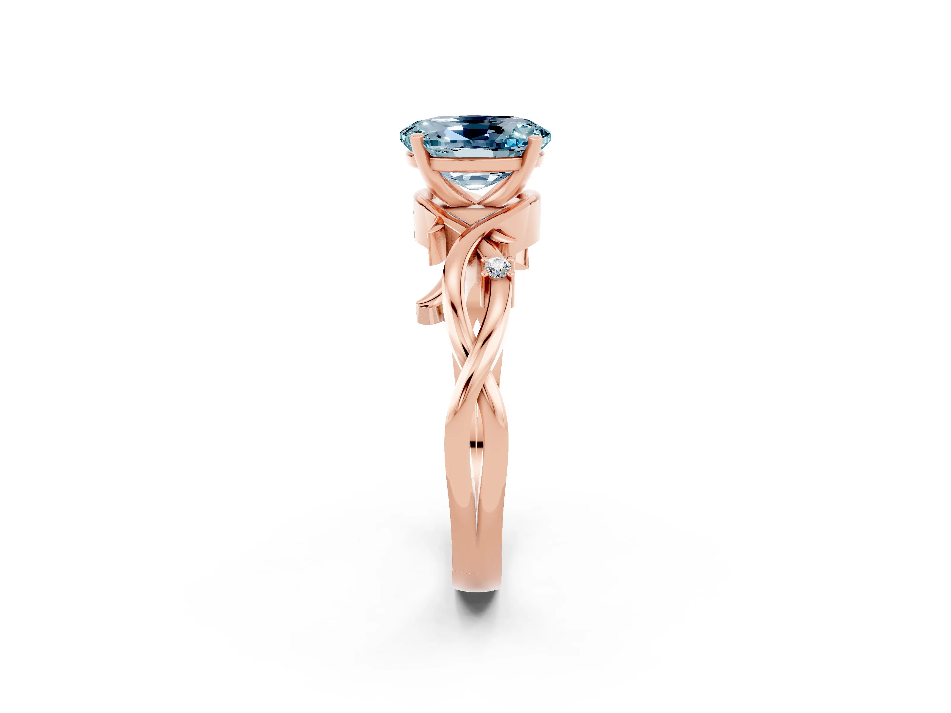 Rose gold Oval Cut Aquamarine Solitaire Ring with Twisted Band and Prong Setting_2