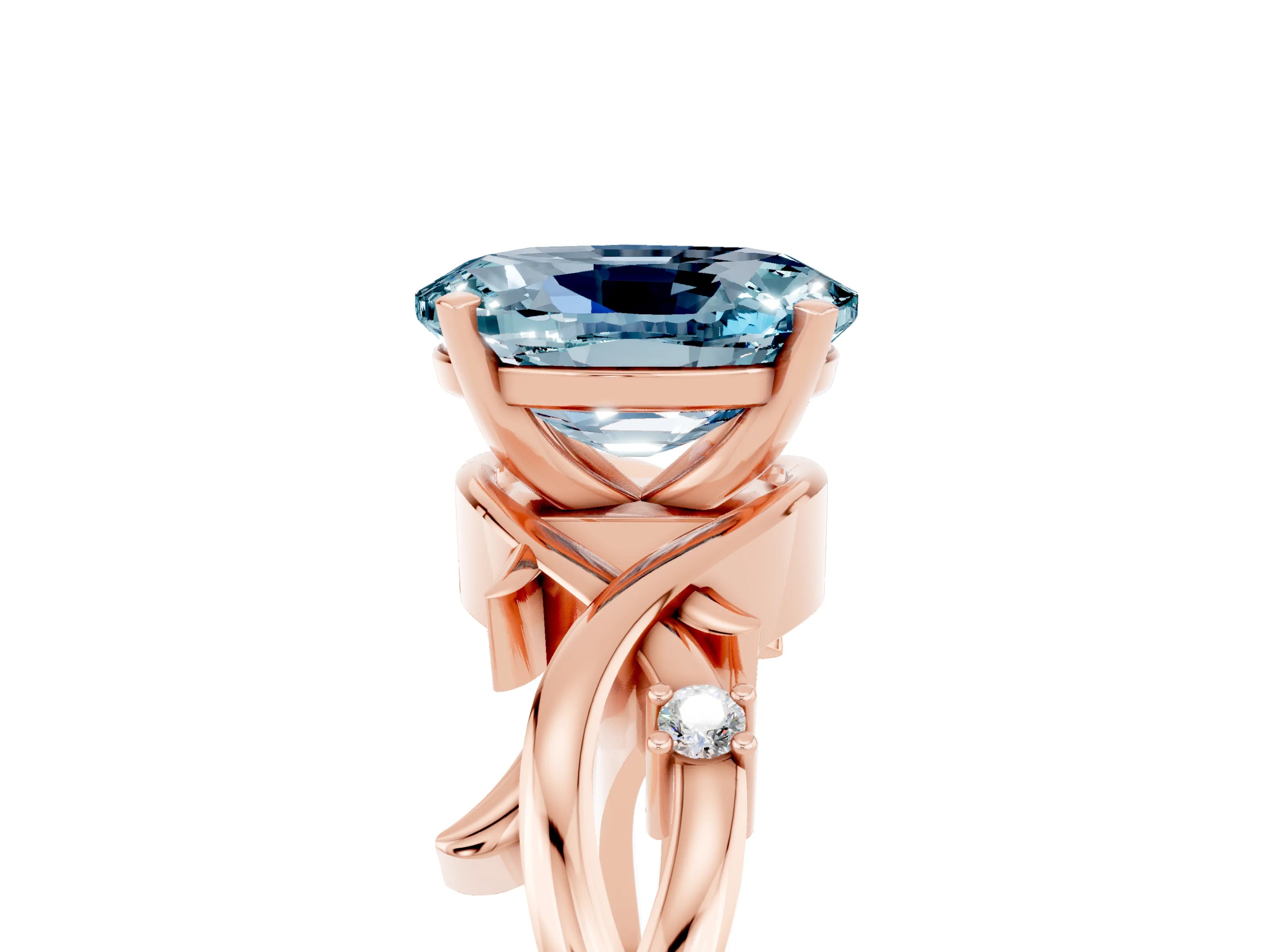 Rose gold Oval Cut Aquamarine Solitaire Ring with Twisted Band and Prong Setting_5
