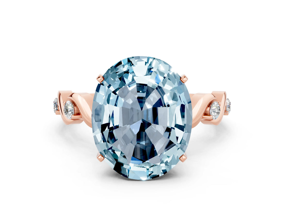 Rose gold Oval Cut Aquamarine Solitaire Twisted Band with Round  Accents and Prong Setting_12