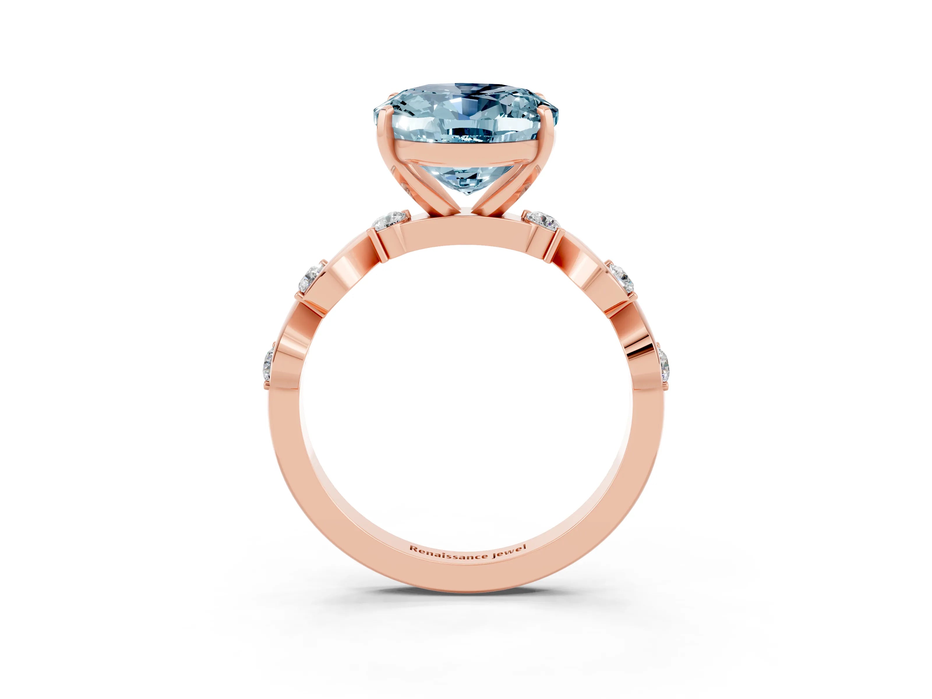 Rose gold Oval Cut Aquamarine Solitaire Twisted Band with Round  Accents and Prong Setting_15