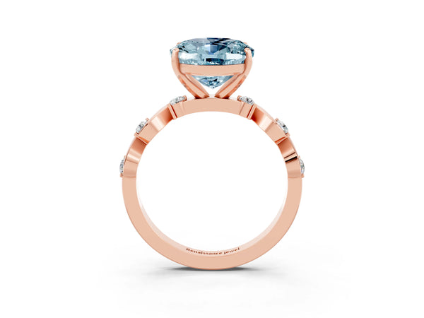 Rose gold Oval Cut Aquamarine Solitaire Twisted Band with Round  Accents and Prong Setting