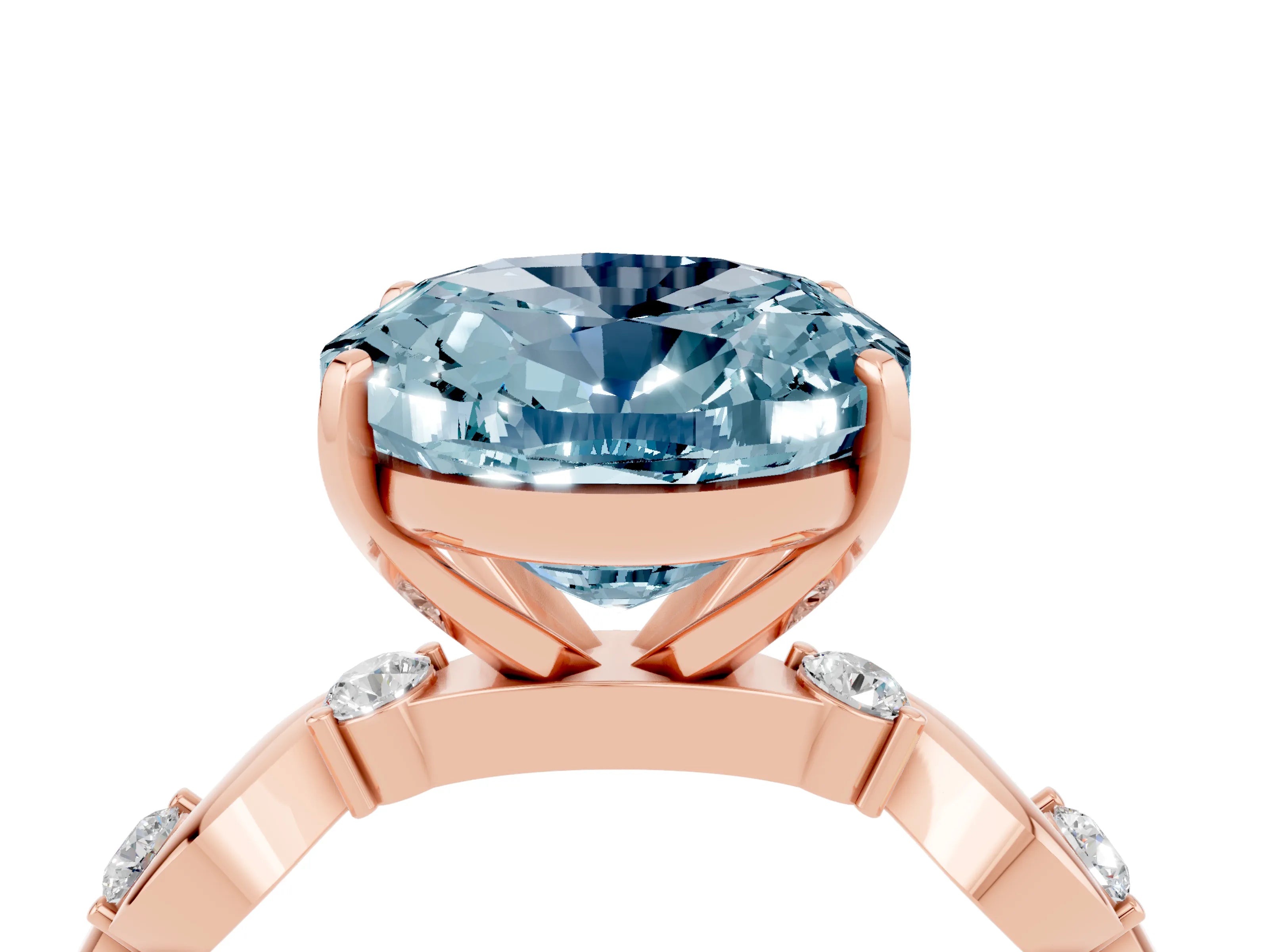 Rose gold Oval Cut Aquamarine Solitaire Twisted Band with Round  Accents and Prong Setting_16
