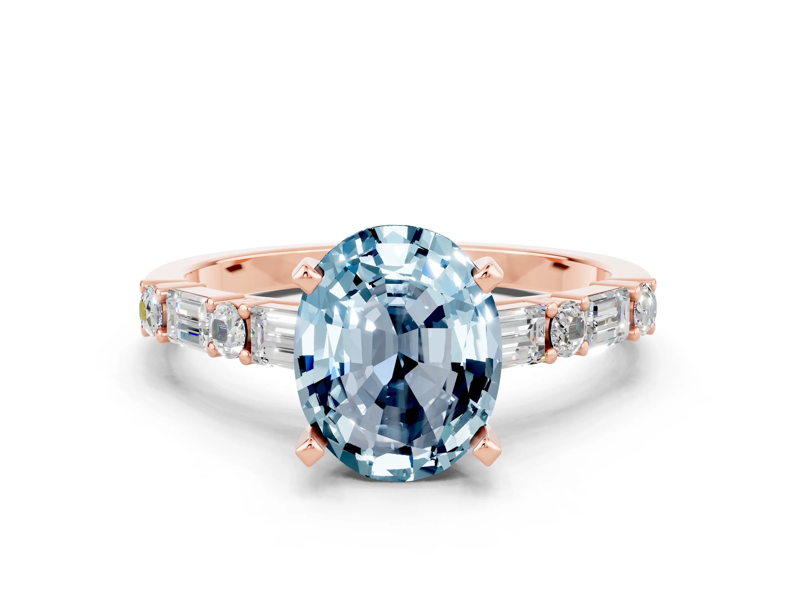 Rose gold Oval Cut Aquamarine Solitaire with Side Baguettes and Channel Set Band
