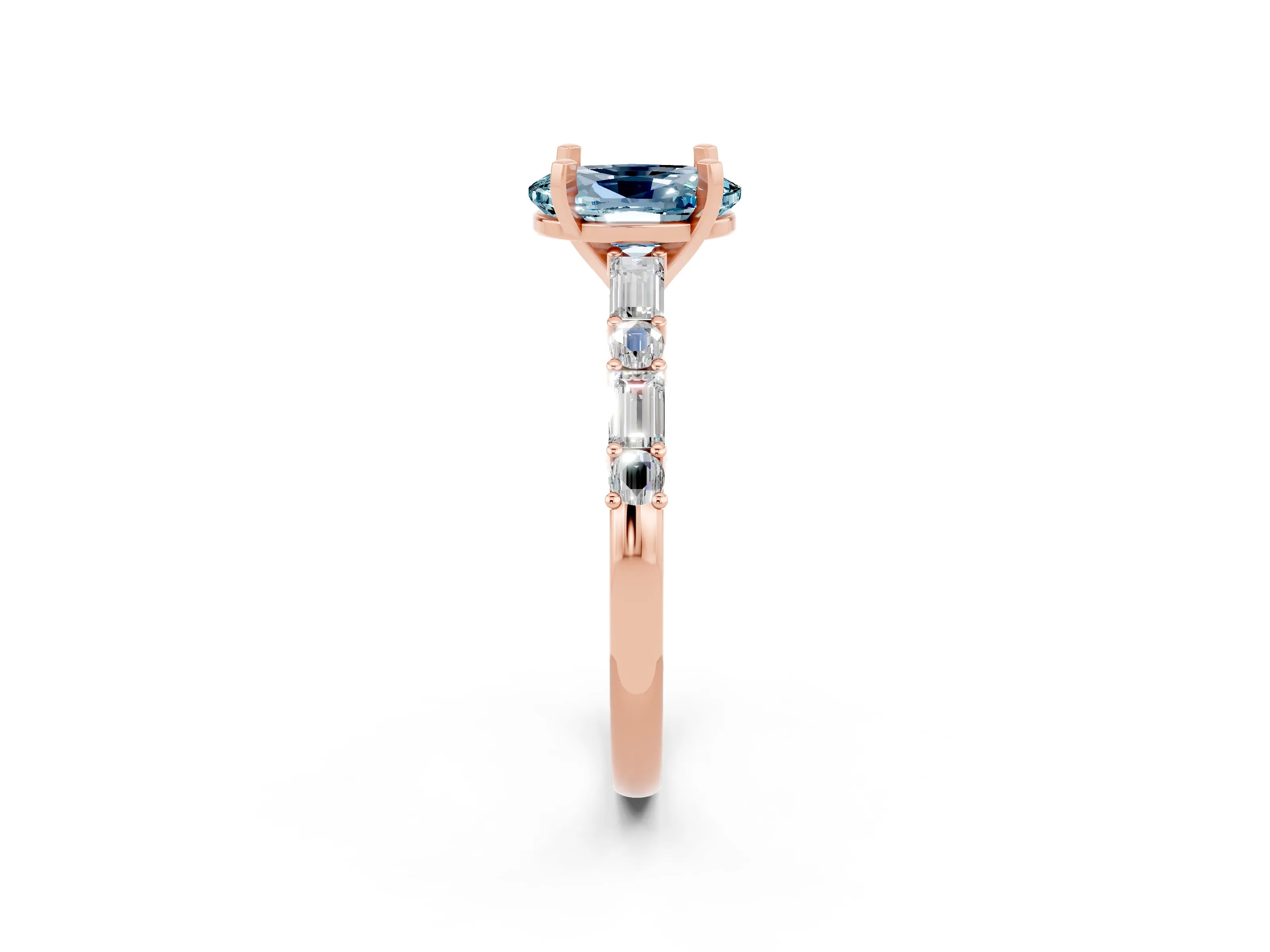 Rose gold Oval Cut Aquamarine Solitaire with Side Baguettes and Channel Set Band_2